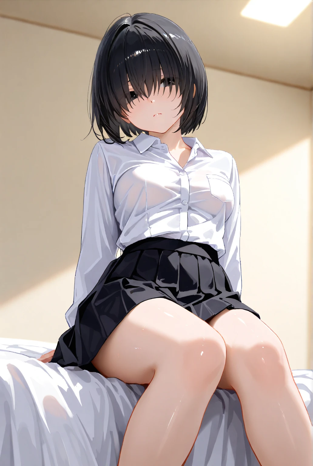 nsfw,((1boy and 1girl,having sex)),girl on top,straddling,on,bed,Highest quality、Very delicate and beautiful、I、((12 years old ))、Japanese Girl、Primary school students、((Very short bangs))、((Bangs))、Brown Hair、((Short Bob))、Cute face、Cute like an idol、Yellow Eyes、Are thin、Slim figure、Bright room、Daytime、Sweat、Nice thighs、