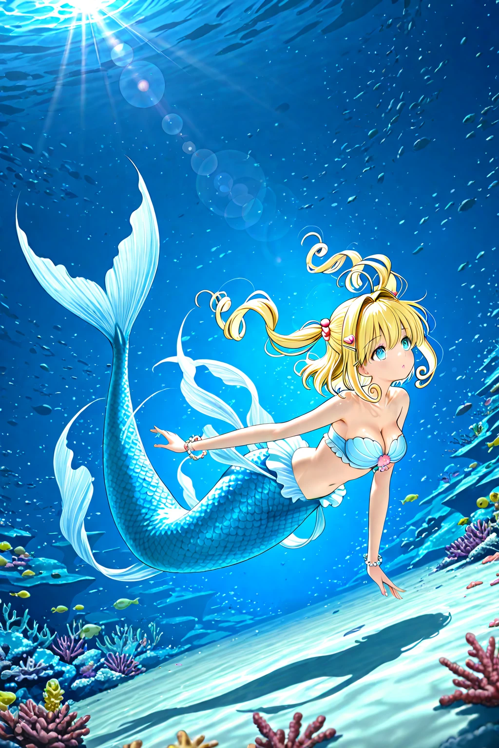 anime style, super fine illustration, highly detailed, dynamic angle, beautiful detailed, 8k, In the summer, at midday, underwater, BREAK vivid tropical fish swim in schools, surrounded by colorful corals on the seabed. A graceful sea turtle swims among them. BREAK A beautiful mermaid swims happily around, smiling occasionally. BREAK Sunlight filters through the water, brightly illuminating the scene. BREAK Everyone is enjoying the underwater world.(LoRA:1)