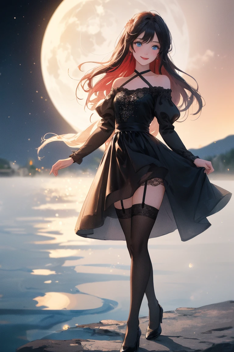 Dog 1、Woman 1、Red miniature dachshund、Red miniature dachshund long hair、dog'color is red、woman with very long black hair、Spectacular views、Night Scene、The view from the top of the hill、Full moon night sky、swirling starry sky、8K、Best Quality、詳しいdogの顔、The woman is facing the opposite direction、The whole body is in the photo、Like the night view of Tokyo、The woman is wearing a miniskirt and her underwear is visible.、The cleavage is visible、pantyhose
