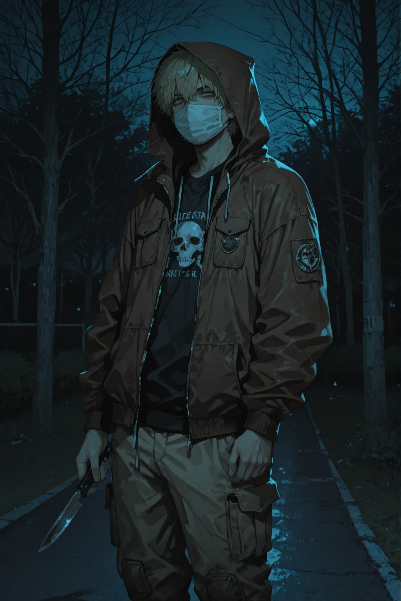 1man, methhead, thug, brown jacket, sport jacket, hood up, stubble on the face, blonde hair, grey eyes, surgical mask, frown, brown pants, cargo pants, holding a knife, one knife, switchblade, dark, outdoors, in park, night, standing, staring at viewer, slender, best quality,