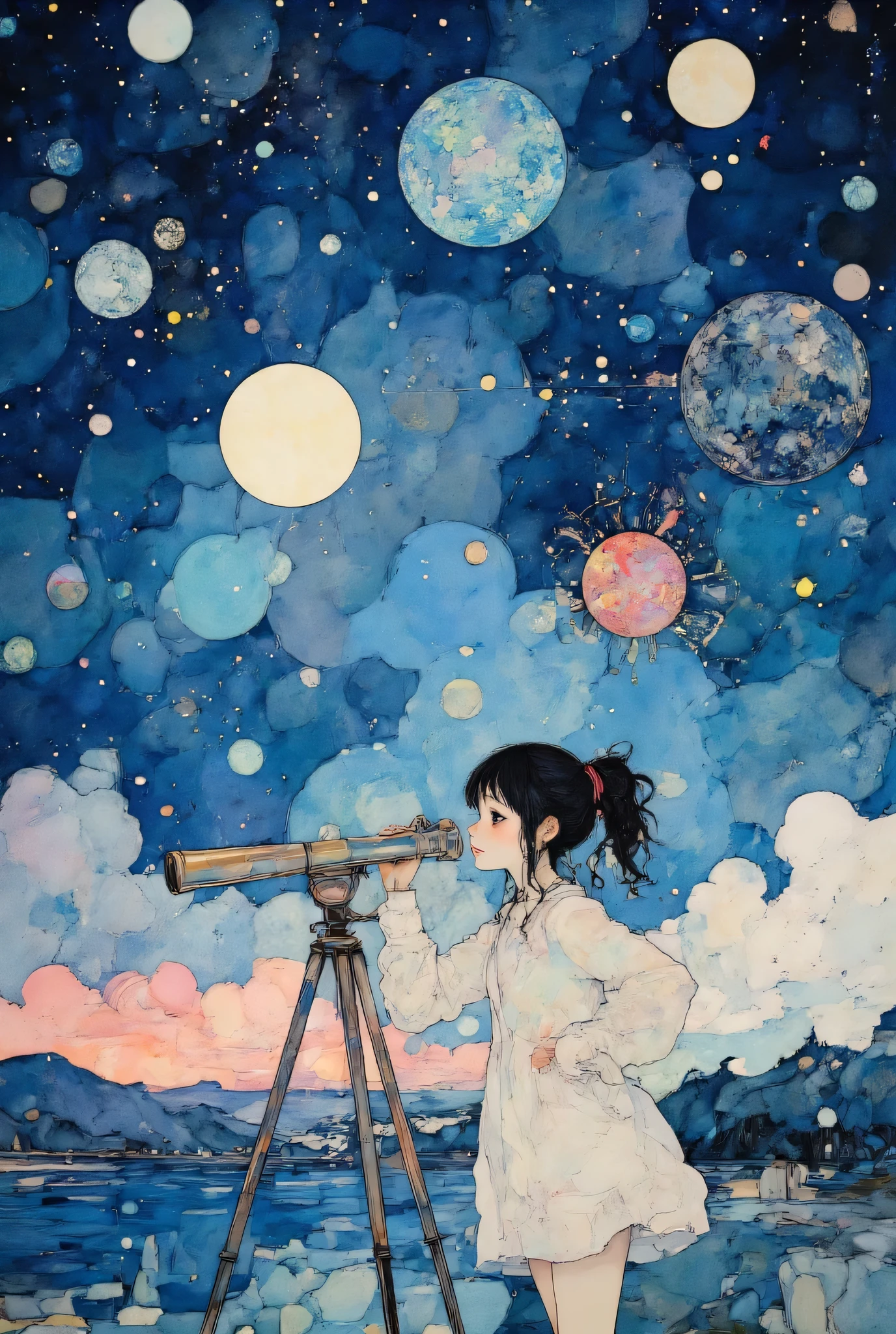 (Very beautiful and elaborate watercolor painting:1.5),((girl observing the sky with a telescope)), Cosmic Background Radiation、starry sky background、quality\(8k,非常に精細なCGユニットのWallpaper, masterpiece,high definition from people,top-quality,top-quality real texture skin,surrealism,Increase resolution,raw photos,最高のquality,very detailed,Wallpaper\)
