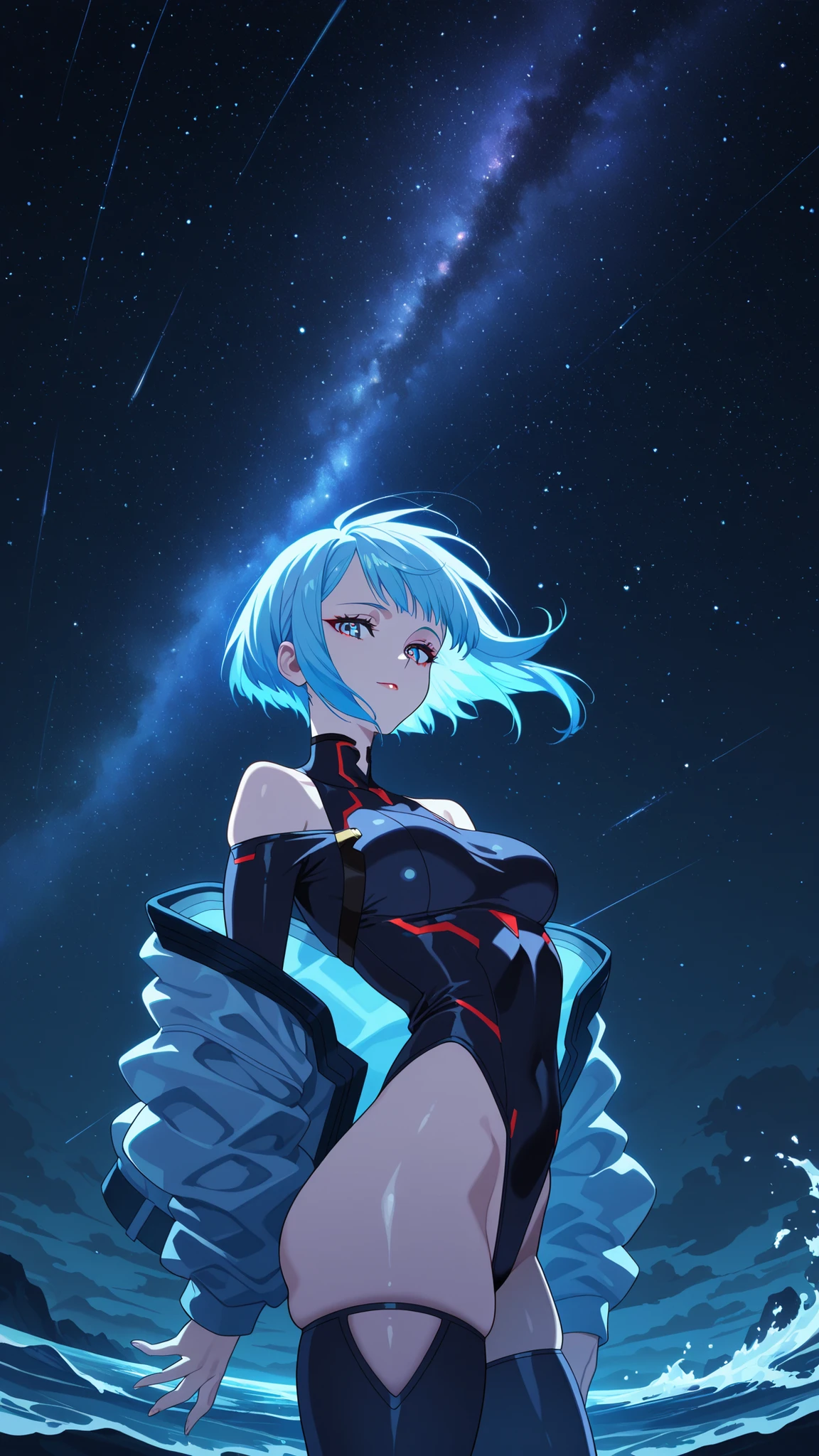 BREAK (masterpiece:1.2), best quality, high resolution, unity 8k wallpaper, (illustration:0.8),Rocky shore under a night sky filled with stars,
waves glowing faintly with bioluminescence,
Milky Way stretching across the horizon,
cool blue tones, calm and endless,
anime night scene, breathtaking and still, lucy, short hair, bangs, blue eyes, blue hair, multicolored hair, makeup, multicolored eyes, medium breasts,,bare hips, bodysuit, jacket, leotard, monowire, off shoulder, off-shoulder jacket, open clothes, open jacket, skindentation,looking at viewer,cowboy shot,wide-angel,seductive pose,arched back,from below,floating hair,