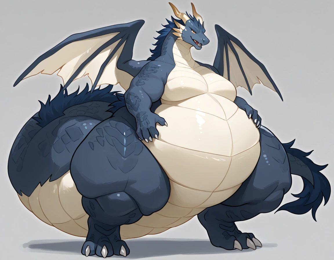 blue genitalia，solo，male people，chubbiness，small fat，Bare-chested，victory pose， solo， Detailed pubic hair， A high resolution，， tmasterpiece，Excessive obesity，Obesity in the extremities，Lift your feet，foot in the air，Correct body proportions，overweight，Manliness，oumi，Tatsuki，qinglong，biology、monster、Lie flat position、side、Back touches the ground、golden eyes、Big eyes in anime style、The face is very, are small、His face is so fat、big wings、big deal fangs、Coarse twist angle、thick neck、thick neck、sharp navy nails、Thighs are thick and short、The legs are short、Animal paws、Fat legs、body like a mountain、body crushed by stomach、rectangle, triangular belly、Extreme obesity、Very thick fat、Belly on the ground、My stomach swells to one side、big deal, sharp scales、Detailed scale、wilderness background、Thick tongue、A lot of drooling、Thick and long tail，Roadblock