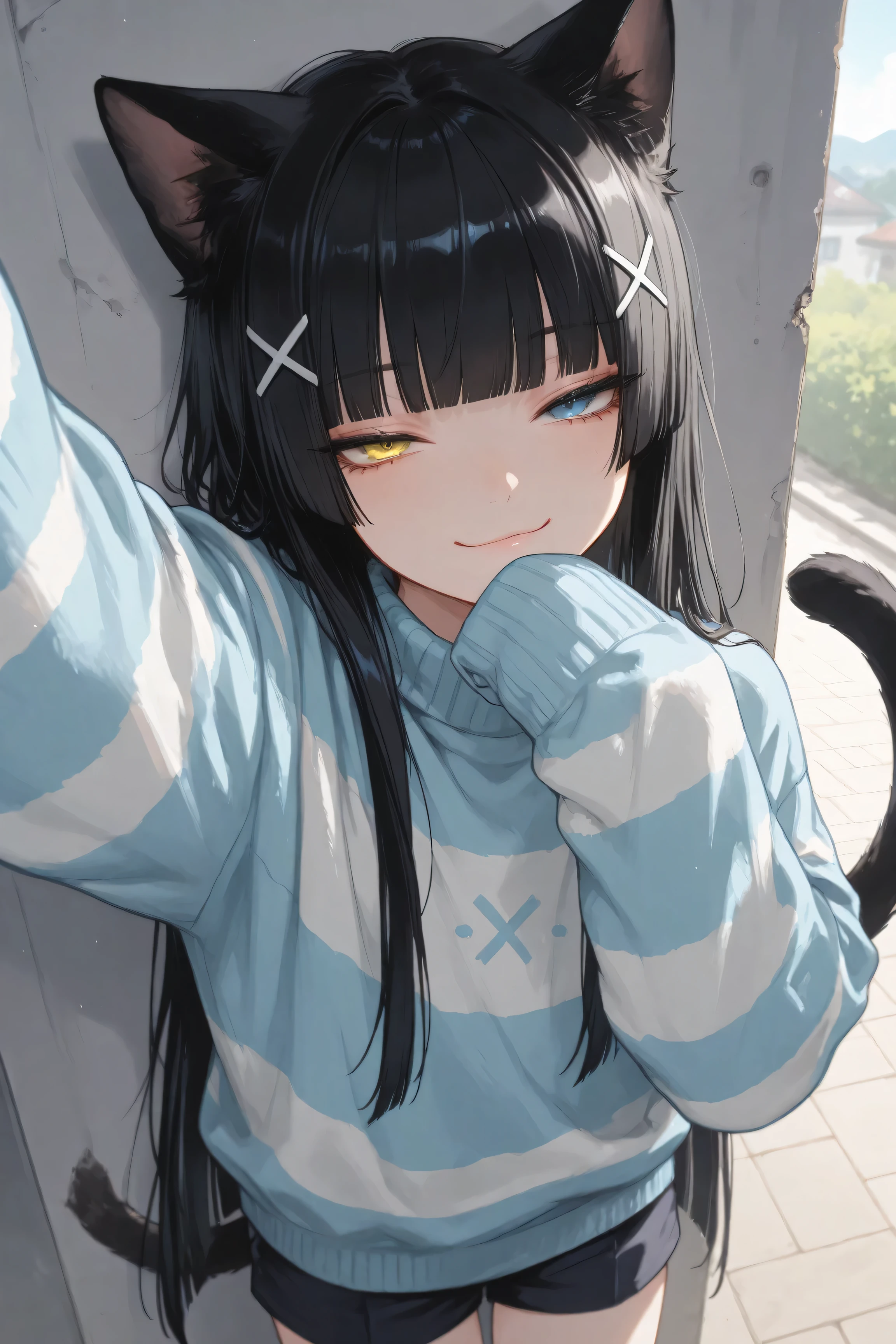 1boy, androgynous, animal ears, animal tail, arm up, black hair, blue eyes, blue sweater, blunt bangs, catboy, cat ears, cat tail, day, eyelashes, hair ornament, half-closed eyes, heterochromia, hime cut, kabedon on veiwer, long hair, looking at viewer, male focus, oversized sweater, pov, reaching towards viewer, shorts, sidelocks, sleeves over fingers, sleeves over wrists, smug, solo, striped sweater, trap, upper body, very long hair, very long sleeves, yellow eyes, x hair ornament,