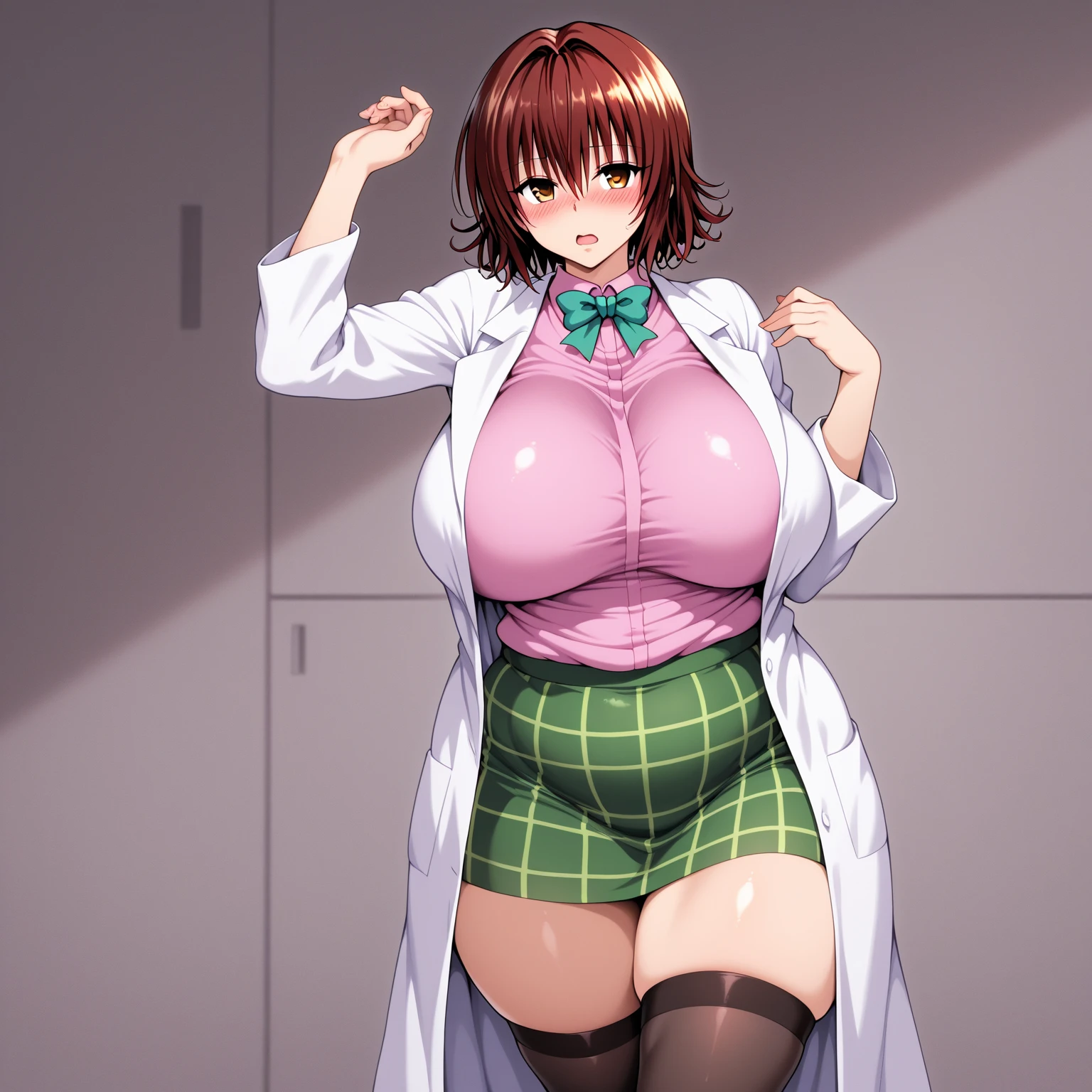 <lora:nakedlabcoat-kojim:0.8>, sexy woman wearing lab coat, no bra, exposed breasts, nipples, pencil skirt, curvy, glasses, red hair, science lab || skin, hair, clothing, masterpiece, 8k, high resolution, shallow depth of field, sharp focus