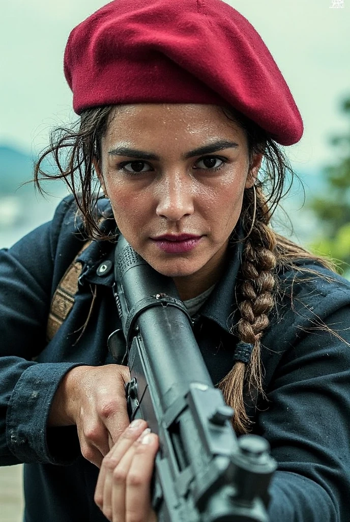 raw photo, portrait of (emaciated:1.3) female jungle commando (Eva Green:1.3), , , (Nintendo Mario's red hat:1.3), (earrings, spikes, , :1.2), (wet:1.2), (U.S. military gear:1.3) dark, gritty, gloomy, militaristic, (gun :1.35), (looking_at_viewer:1.3), solo, rainy, , (pained expression:1.1), (about to sneeze:1.2), (grimace:1.0), (pleasure face:1.0), , dramatic lightning, (jungle background:1.2), , highly detailed, masterpiece, best quality, 8k, (realistic skin, cell-shaded:1.3), sharp_focus, SFW,
(high detailed skin:1.2), 8k uhd, dslr, soft lighting, high quality, film grain, Fujifilm XT3