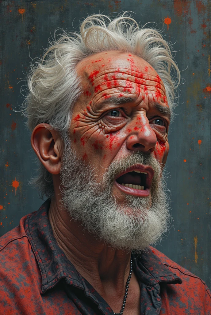 a old man serial killer, murdered wife, face covered in blood, oil painting, reddish tones, chiaroscuro lighting, dramatic moody atmosphere, cinematic composition, masterpiece, ultra-detailed, photorealistic, 8k, best quality