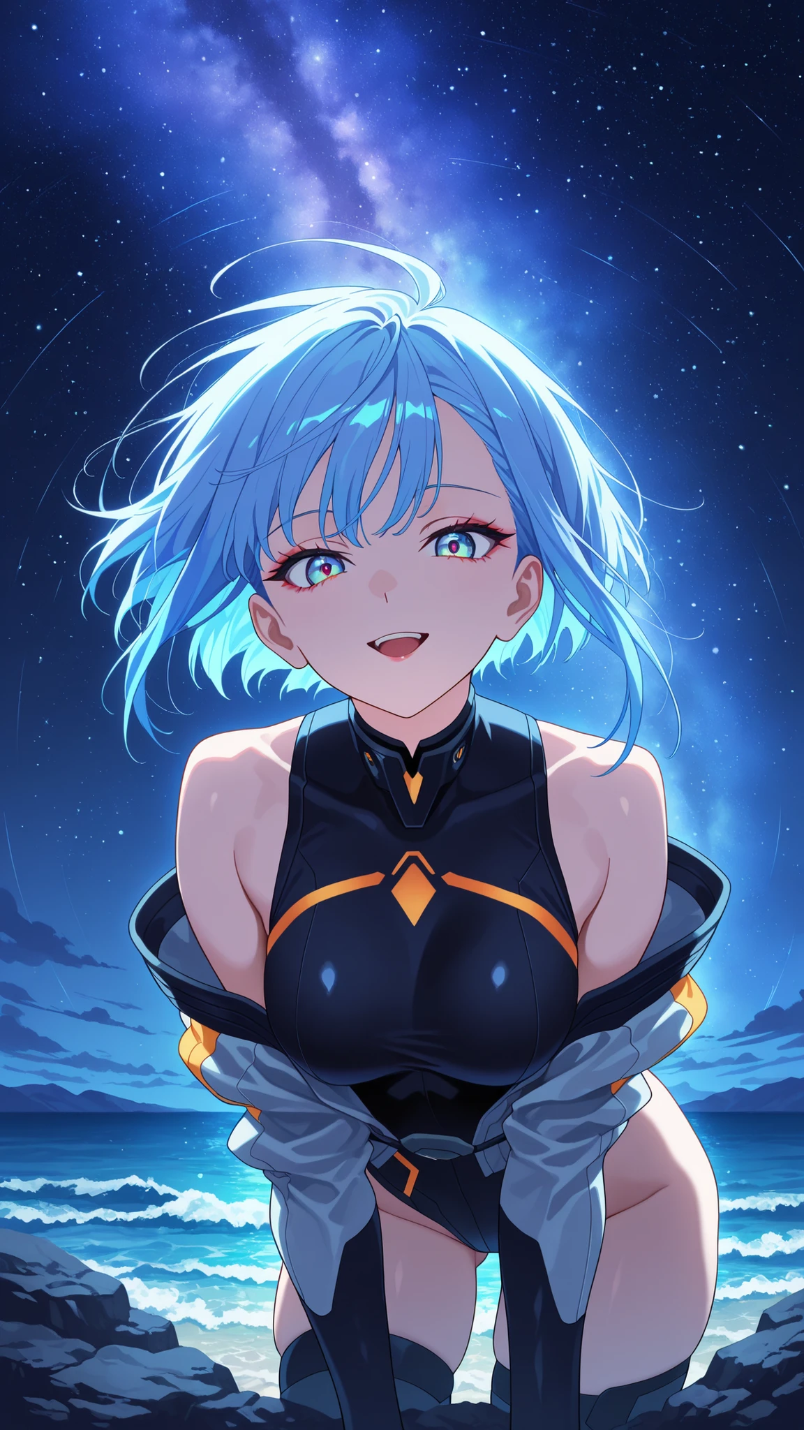BREAK (masterpiece:1.2), best quality, high resolution, unity 8k wallpaper, (illustration:0.8),Rocky shore under a night sky filled with stars,  
waves glowing faintly with bioluminescence,  
Milky Way stretching across the horizon,  
cool blue tones, calm and endless,  
anime night scene, breathtaking and still,  lucy, short hair, bangs, blue eyes, blue hair, multicolored hair, makeup, multicolored eyes, medium breasts,,bare hips, bodysuit, jacket, leotard, monowire, off shoulder, off-shoulder jacket, open clothes, open jacket, skindentation,looking at viewer,cowboy shot,wide-angel,seductive pose,bent over to camera,smile,open mouth,floating hair,
