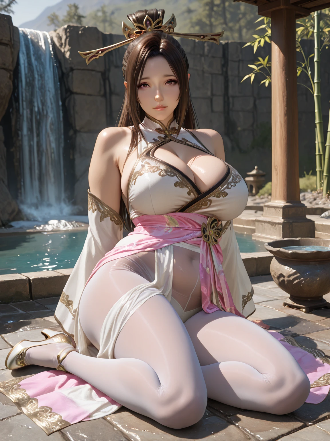 masterpiece,moody lighting,highest quality,High resolution,realistic,pale skin,beautiful girl,light smile,style of a idol,cleavage,huge breasts,huge breasts,high heels,(full body), looking at the viewer,background blur,clear eyes,(alone),thin lips,oily skin,closed mouth,
sitting on the bench,crossed legs,pantyhose,(China dress:1.4),hair flower,curly long hair,brown eyes,outdoor,garden,jewelry,earrings, akiryo-mai,shiranui mai,vaginal,sex(nsfw:1.5)