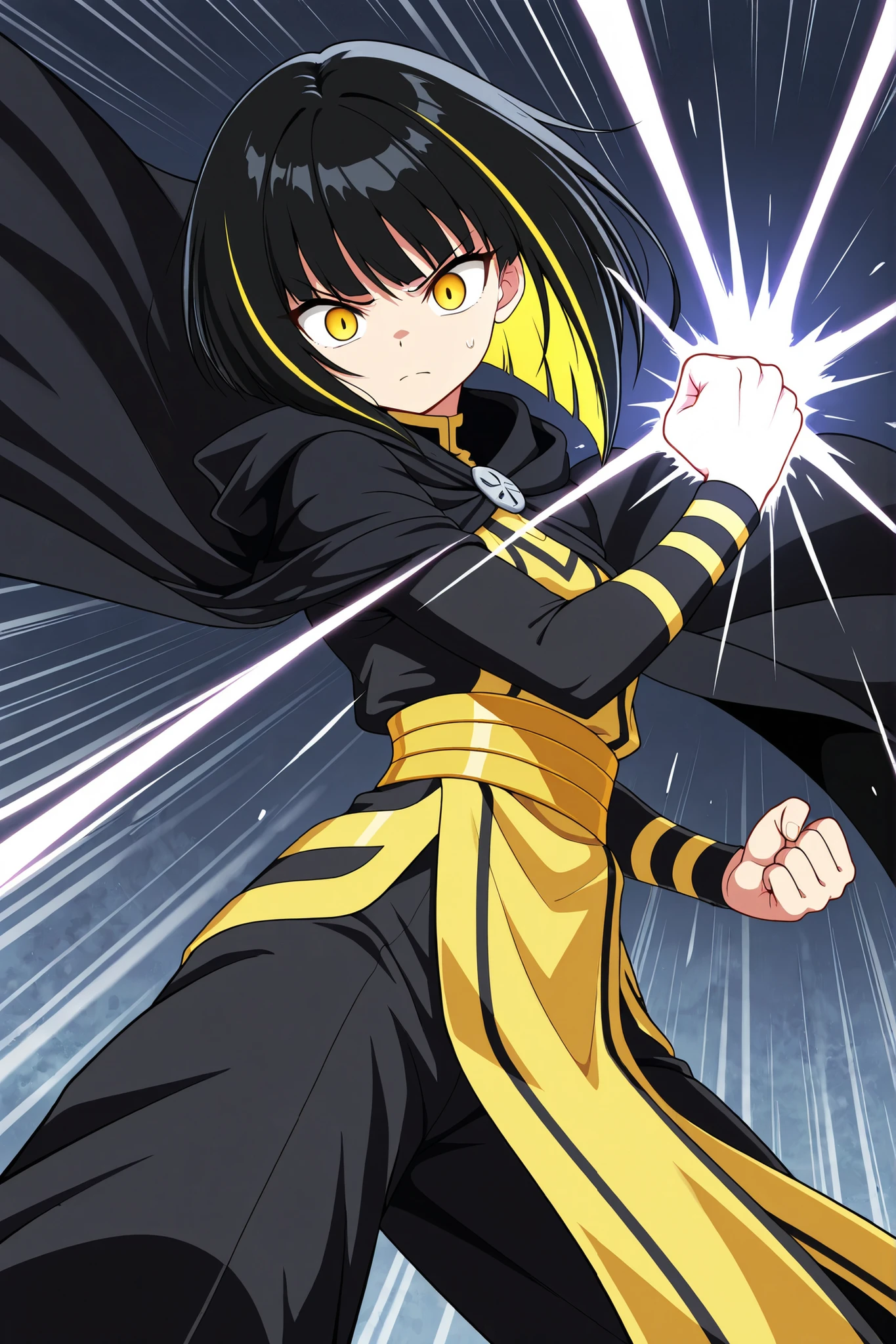 Highest Quality, Anime Style,
Petite Woman in Her Early 20s,
double layer bob hair on the back side with black main yellow,
golden eyes。
Yellow Belted Robe(Relaxed state),
Black Cloak Leaning on the Backrest,
Relaxed Black Easy Pants, Highest Quality, dynamic, action scene,
battle scene with fists,
woman sticking one fist forward,
serious expression half hidden by hair,
Sharp Eyes Full of Determination,
Nervous Expression during Battle,
Fluttering Black Hair ,
Shock waves emitted from a fist,
Effect lines representing the trajectory of movement,
wind pressure effects around the fist,
Clothing disheveled by intense movement,
depiction of dynamic muscles,
dynamicなポーズ,
Low angle view,
powerful composition,
background speed line,
lighting expressing tension in battle,
particle effects representing impact,
contrast between dark tones and highlights