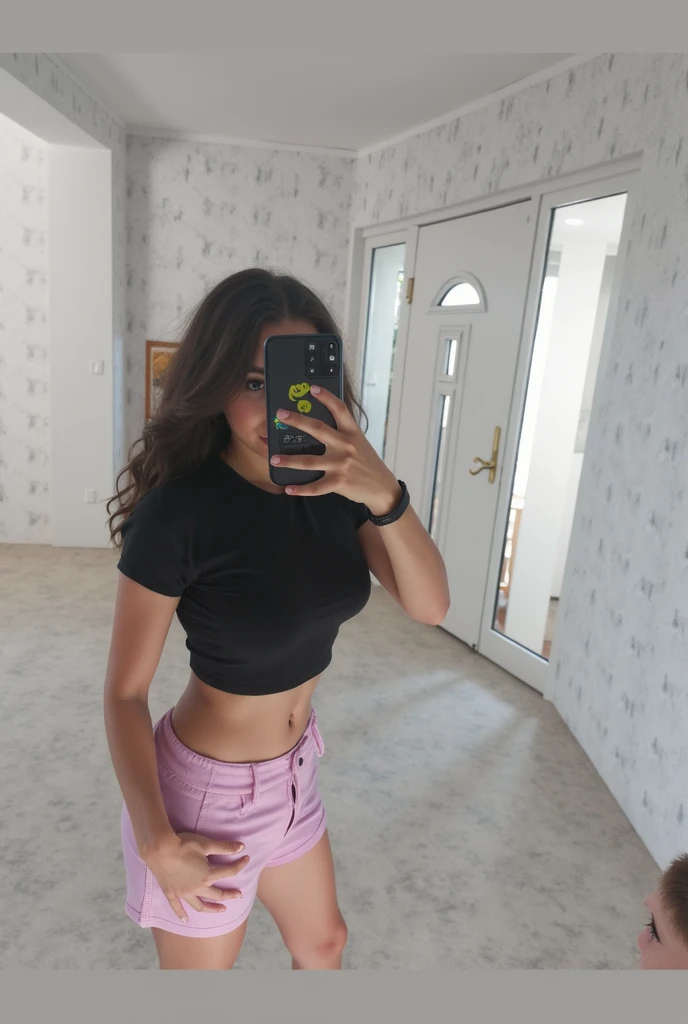 Beautiful 18 year old woman, Brown hair, 17 year old girl, sexy, very beautiful, perfect body, taking a photo with their cell phone, facing forward in their room, Whole body