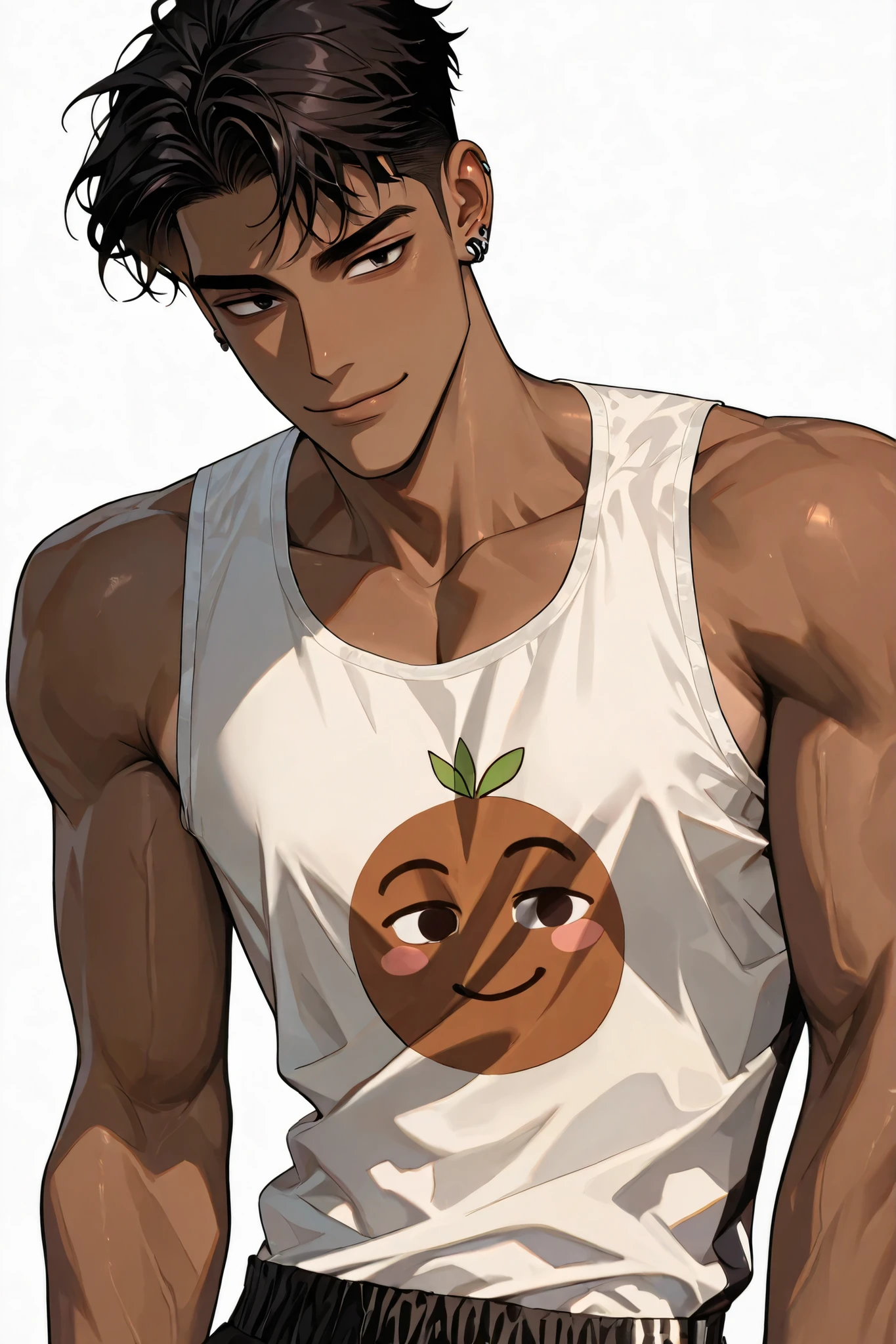 A handsome Korean adult male with dark hair and dark eyes has healthy tanned skin, a confident and proud impression, has a stupid smile, wears comfortable clothes in a sleeveless style with an expensive but awkward print, and has a skinny body., white background, piercing, face close-up