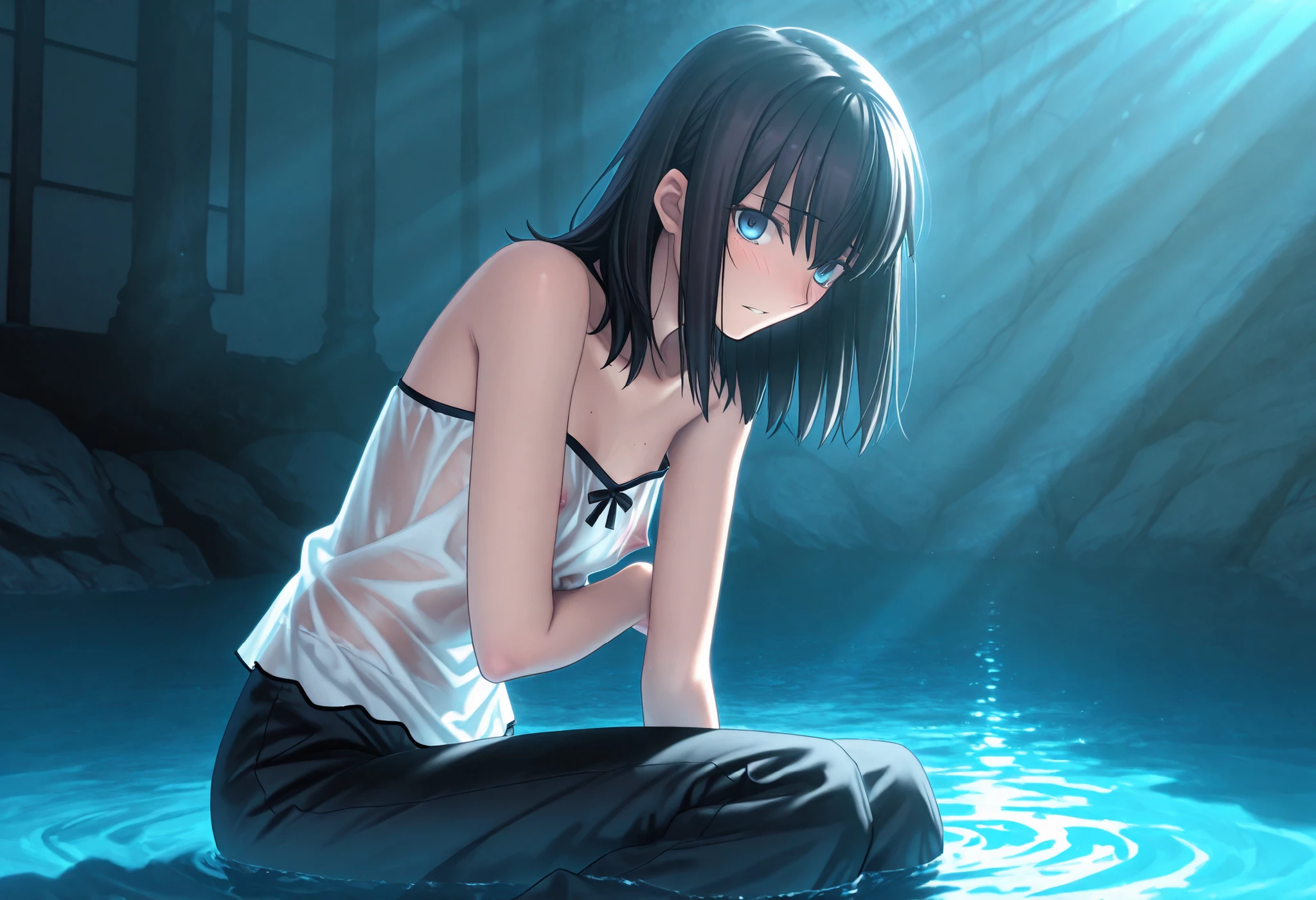 masterpiece, best quality, amazing quality, ,, 1girl, solo, ((detailed background, cinematic light)), looking at viewer, (sunlight reflecting on skin, ), <lora:Fate_SNHA_style_ILL-v2:1> fatesnhastyle, game cg,fatevnstyle, ((aged up:1.2)),black hair, beautiful marine blue eyes , hair ,, , medium hair, , , (white strapless camisole), see-through, erected , black pants ,(flat ), ,(touching own legs), upper body shot, (yokozuwari, sitting on water), ,very long legs, light parted lips, light embarrassed, arm under , (((leaning forward))),