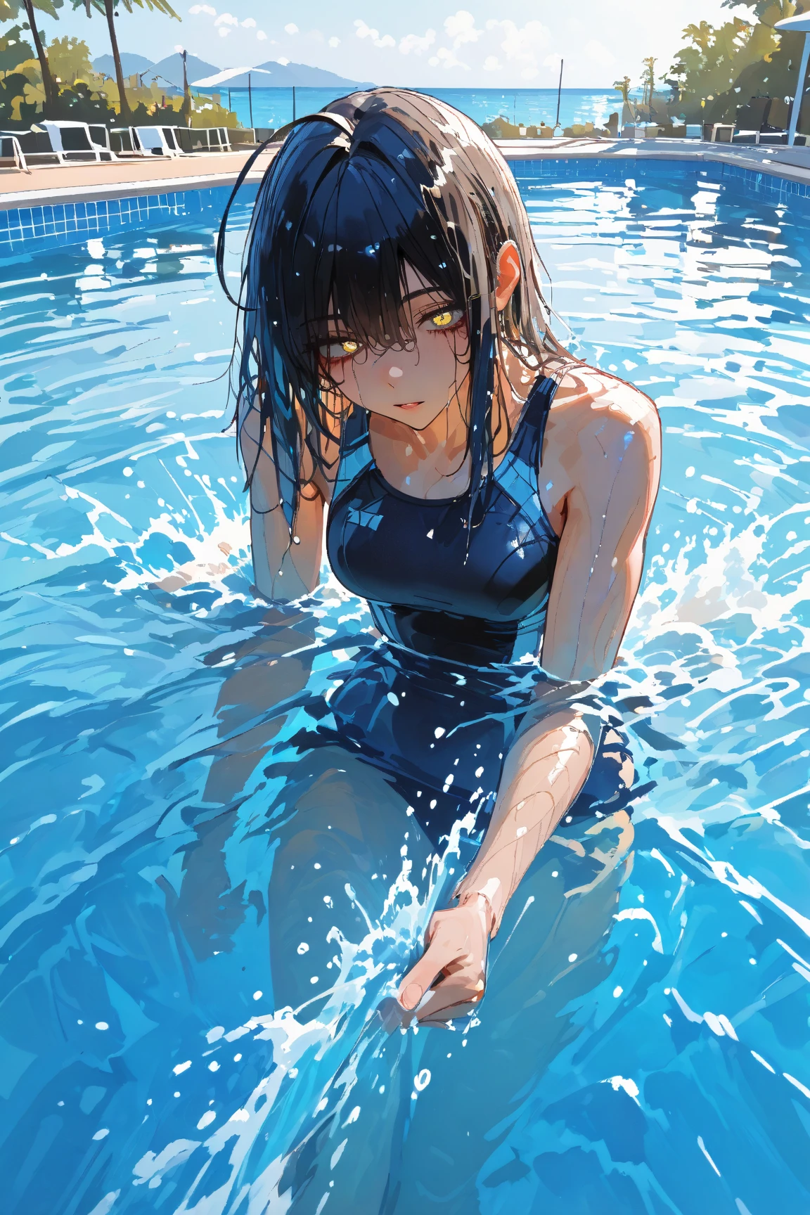 There's a woman in a black bikini lying on a ladder in a pool, em uma piscina, cabelo longo, breath-taking, Estilo anime 3D realista, realistic anime art style, scenic background