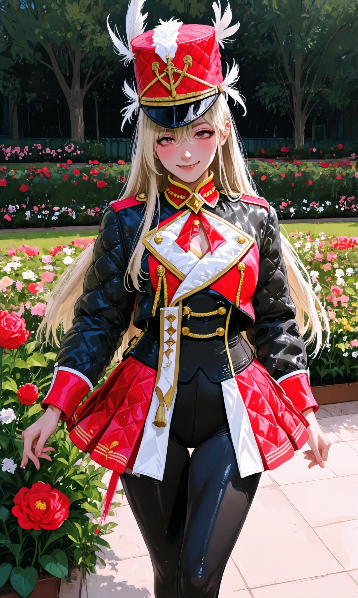  documentary photo, realistic, Dramatic scene ,  Very beautiful Japanese delicate high school girl ,  Famous Beautiful Japanese Idol , ( She is wearing a formal marching band uniform , Padded collar jacket ,  feather hat :1.2),,  tight waist ,  She is the marching band conductor in a beautiful flower-filled garden, smile,