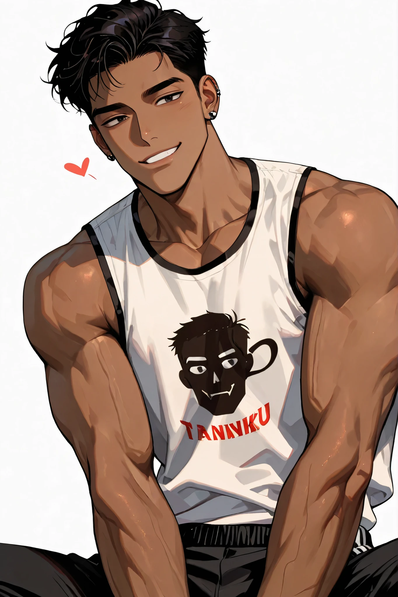 A handsome Korean adult male with dark hair and dark eyes has healthy tanned skin, a confident and proud impression, has a stupid smile, wears comfortable clothes in a sleeveless style with an expensive but awkward print, and has a skinny body., white background, piercing, face close-up