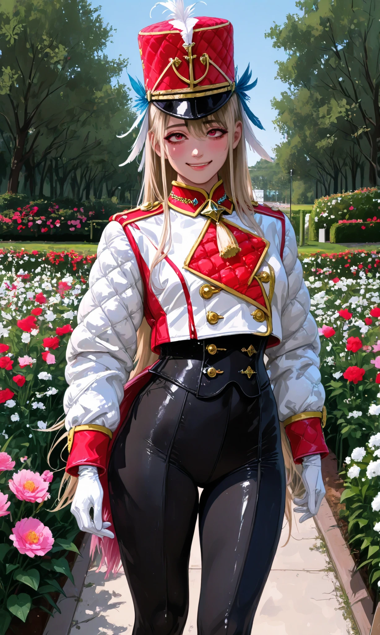  documentary photo, realistic, Dramatic scene ,  Very beautiful Japanese delicate high school girl ,  Famous Beautiful Japanese Idol , ( She is wearing a formal marching band uniform , Padded collar jacket ,  feather hat :1.2),,  tight waist ,  She is the marching band conductor in a beautiful flower-filled garden, smile,