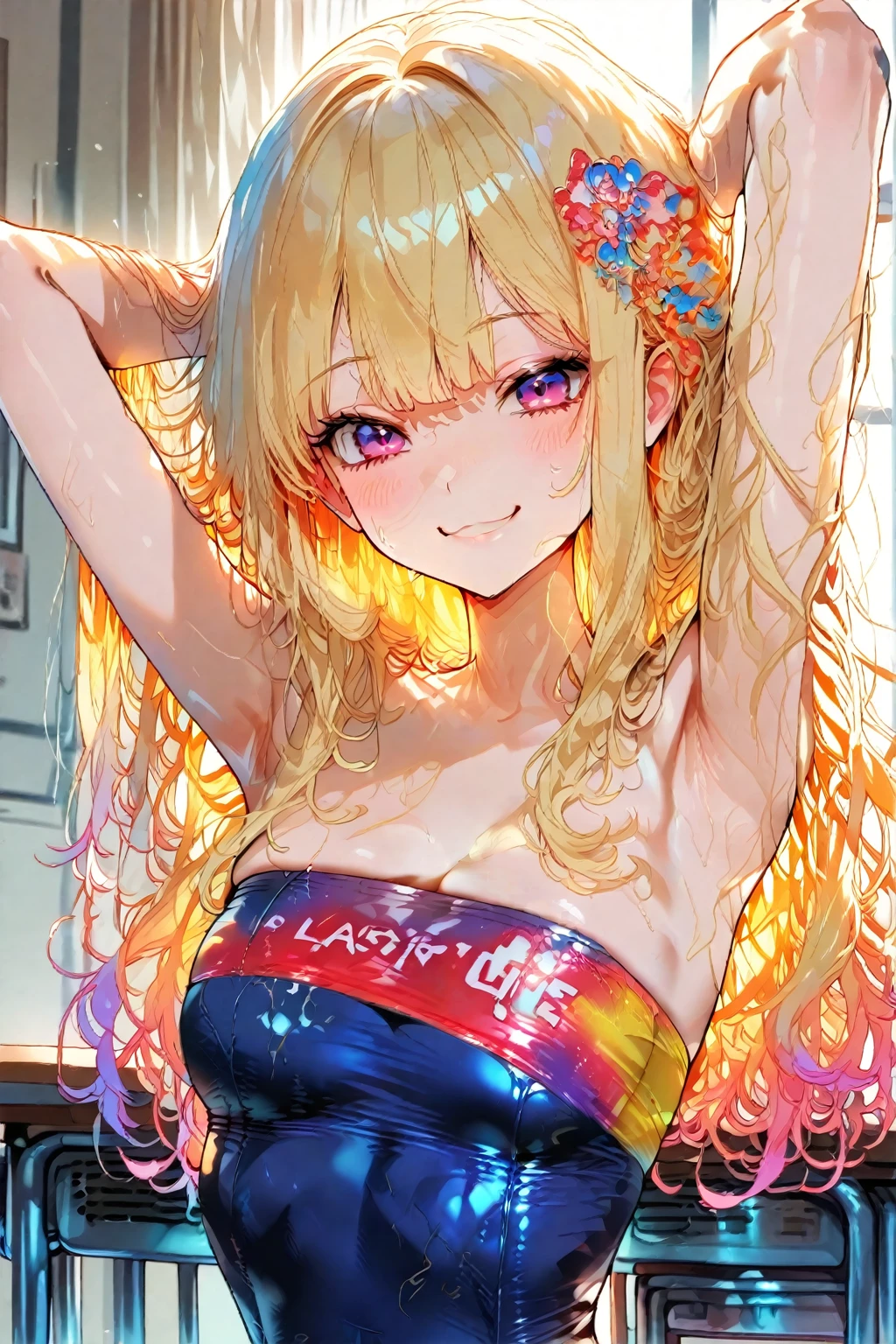 anime illustration, ((((highest quality)))), (((Ultra-precision CG 16K))), (((masterpiece))), BREAK skinny body, slender waist, medium Breasts, (((perky breasts))), ((sagging breasts)), (covered nipples),  (((tanned skin, tan lines))) , BREAK ( smiling, blush, determined expression, sweaty , Heavy breathing, embarrassed, ) , (natural make), BREAK narrow eyes, (streaked hair, hair intakes, colored inner hair, ) BREAK (((wearing printed sexy oversized clothing , wearing wide-leg-pants, breasts is covered by outfit, ((detailed panty)), Narrow aisles,))) , wearing earrings , BREAK ( stick breast out,  bending over, ) BREAK  ( under the cosmic sky on the cosmic sea , cosmic effects), (((looking at viewer, ))), BREAK ((cinematic , close-up of face, bust-up shot, looking at viewer, )), random angle, random situation , pinup magazine pose, from above 