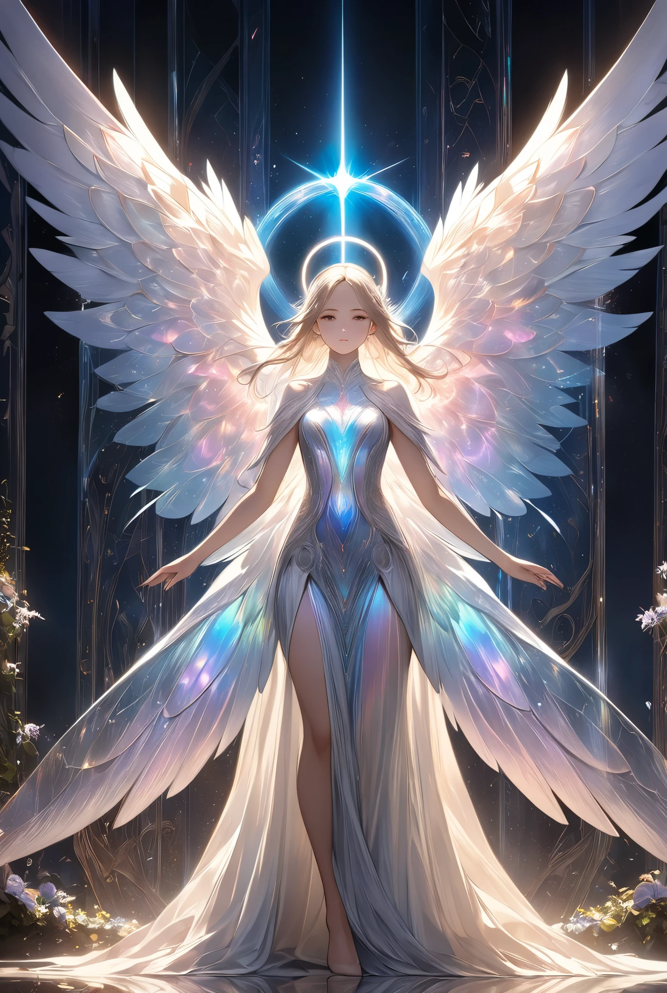 masterpiece,
ethereal beauty,
celestial wings with iridescent transparency,
glowing halo of quantum light,
standing at the edge of abyss,
divine radiance contrasting with infinite darkness,
hopeful expression with eyes reflecting eternity,
dynamic pose as if about to ascend,
intricate details of feather texture,
soft lighting from within,
ultra high resolution,
surreal yet realistic rendering