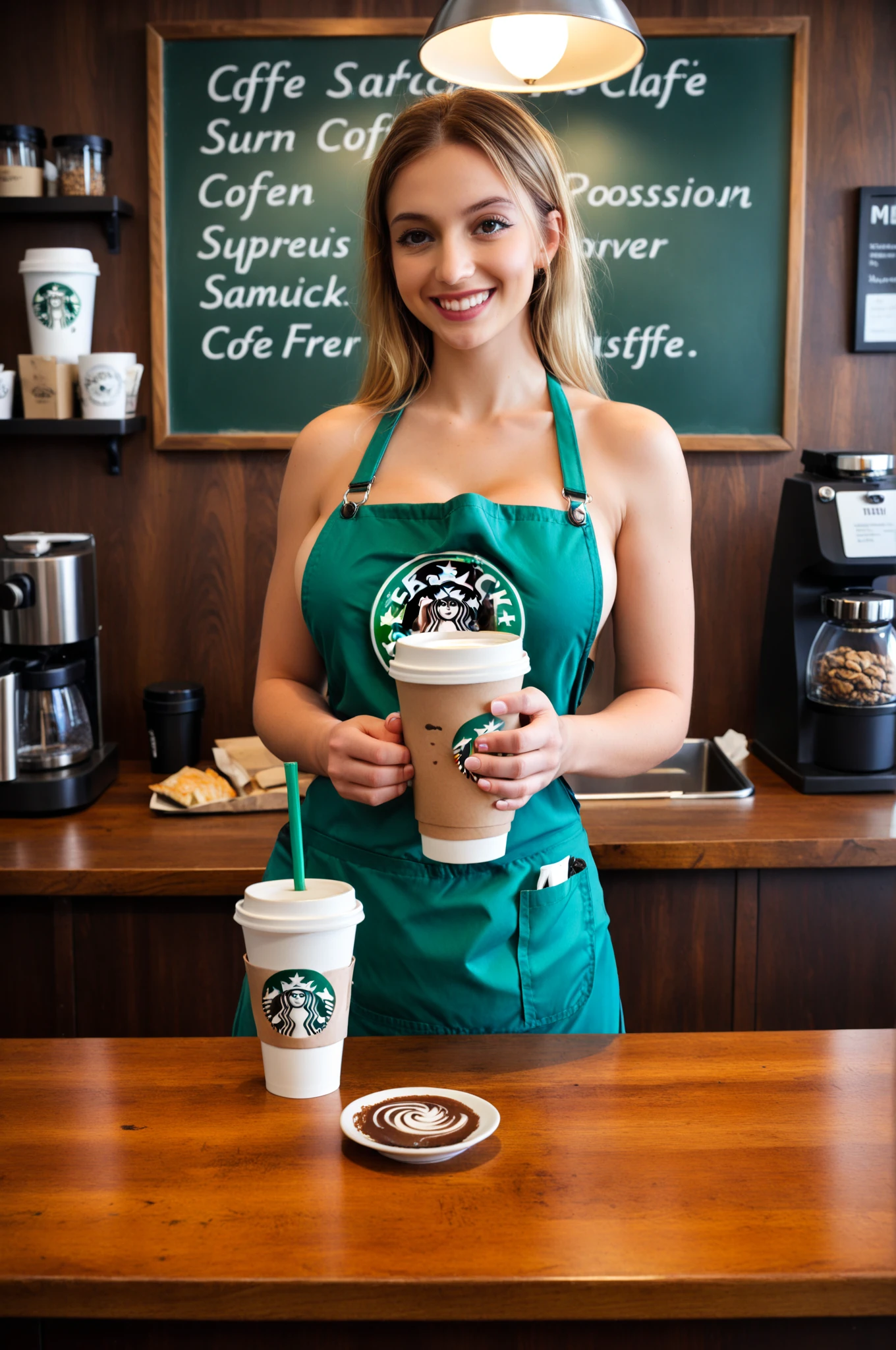 Shantel VanSanten holding a coffee at Starbucks completely naked and smiling