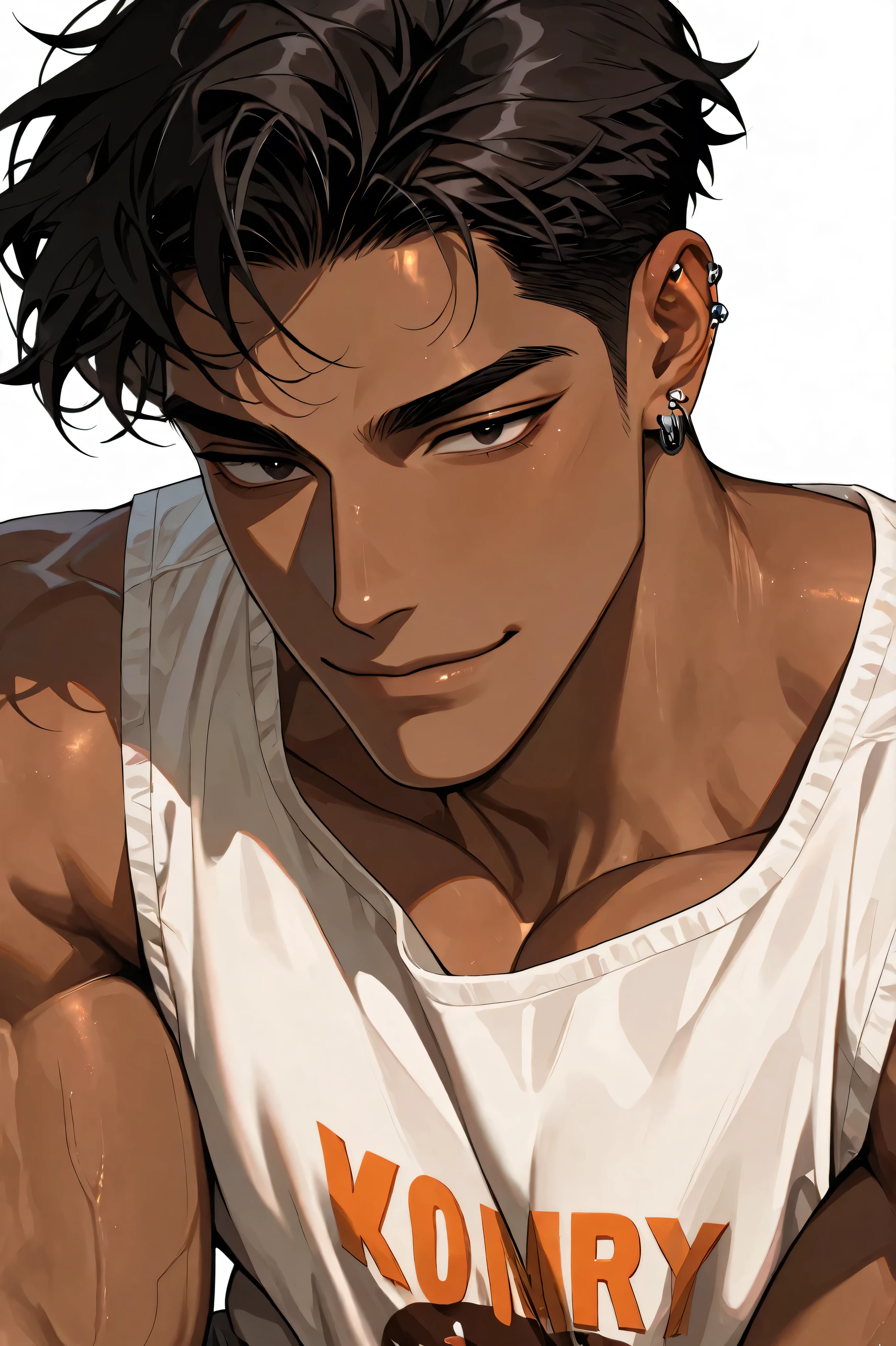 A handsome Korean adult male with dark hair and dark eyes has healthy tanned skin, a confident and proud impression, has a stupid smile, wears comfortable clothes in a sleeveless style with an expensive but awkward print, and has a skinny body., white background, piercing, face close-up