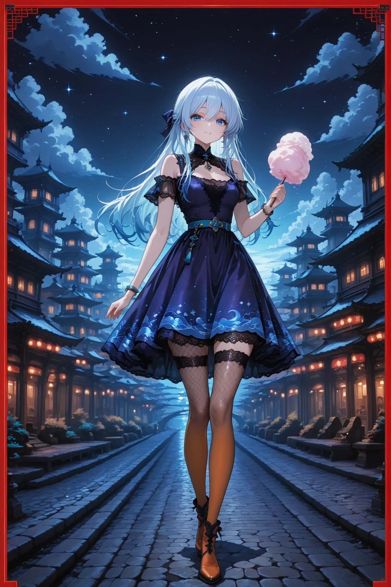 kanbn, White to blue hair, bright blue eyes, girl, dark purple marine dress with fish patterned in beautiful Chinese style, Lace tailoring, black and red border, dark blue neckline, hair bow in the form of a large lotus flower, beautiful bracelet on the right hand made of sea shells, aquamarine belt, and small dark orange leg shoes, white fishnet green stockings, in hand cotton candy, Dark sky background, stars, Stone path, cityscape, ((masterpiece, Best quality)), high quality, complex parts, clearly, Anime style, detailed, high-quality details,