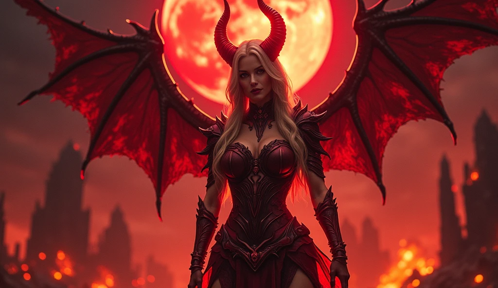In this masterpiece, a stunning (sexy succubus warrior girl) stands at the center of the frame, radiating an aura of mystique and beauty. The ultra-detailed 4K image presents her in front of the ominous (gates of hell) (with a vortex of black mana), surrounded by the fiery crater of an erupting volcano. The volumetric lighting casts a warm glow on her porcelain skin, accentuating the intricate details of her (sexy demonic armor). Her straight blonde hair are beautiful, framing her charming smile and captivating cleavage. The spellbinding atmosphere is punctuated by (thunderstorms and flashes of red lightning) in the surreal dark sky, as if the very heavens are conjuring her presence. The composition masterfully balances depth and complexity, drawing the viewer's gaze to the perfect body, with its flawless ??????? and tantalizing pose. (Charming smile), (beautiful huge tits), (small black horns), (sexy black Armor), She has (2 large wings:1.5) on her upper back. (2 tall black wings:1.3). (2 tall symmetrical wings:1.3). (Photorealistic), (Dark thème). (Russian girl). (Beautiful navel). (Large Sword of flames)