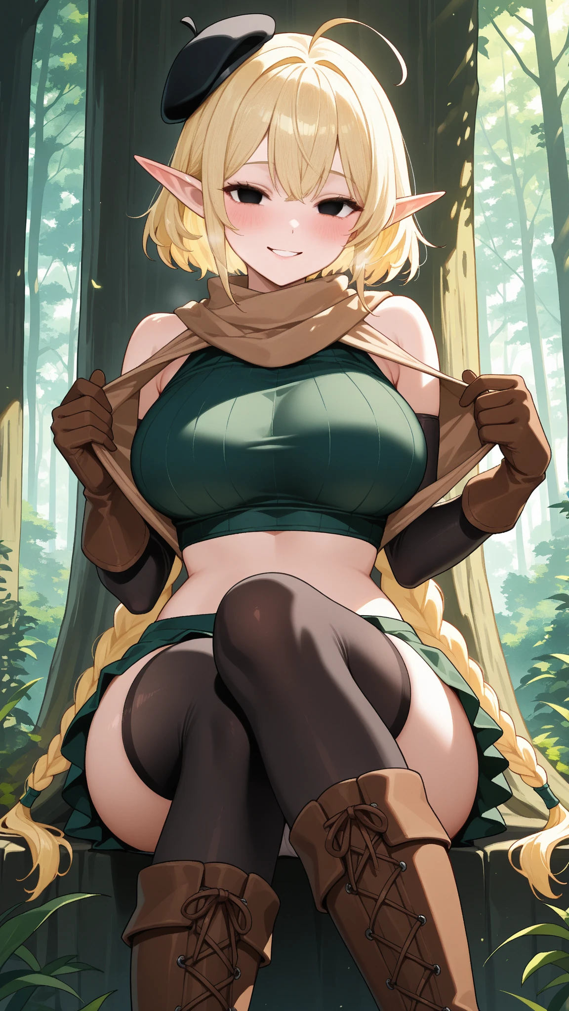 anime art style, masterpiece, best quality, very aesthetic, absurdres, dynamic shadows, atmosferic, marcilledonato, ((1girl)), blonde hair, ((long hair)), braid, twin braids, long braids, parted bangs, green eyes, detailed eyes, bright pupils, pointy ears, curvy body, large breasts, sexy, lingerie, see-throught, borrowed, embarrased, intense blush, ((feet out of frame)), (from front), (lying on back), (spread legs), (grass), (afternoon), (autumn), (trees), (clouds), (looking at viewer:1.0)