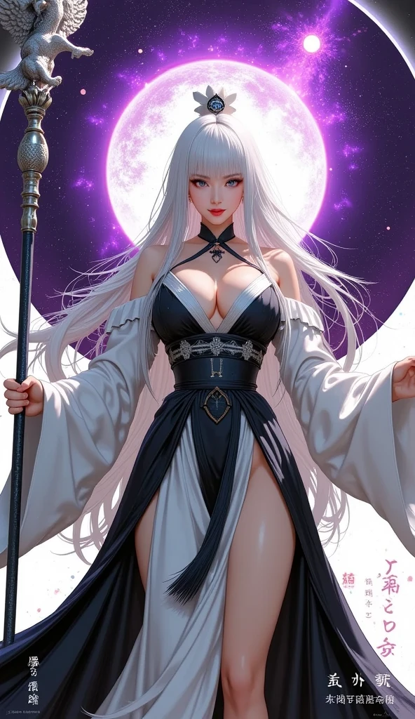 (masterpiece, top quality, 1 female, solo, exquisite details, chromatic aberration), (realistic), (skin), ((breathing)), (silver hair, blunt bangs, short cut straight long hair, short cut bangs, silver hair), beautiful hair, red headdress, blue highlights, hair over one eye, purple eyes, thick lips, earrings, piercing eyes, ((pink and white kimono)), ((symmetrical eyes)), ((perfectly symmetrical body)), ((perfectly symmetrical hands)), (purerosface_v1:0.3), night, (((self, natural light))), bright lighting, flowers blooming in the background, front of viewer, ((central shot, from the front, (face and waist))), mysterious atmosphere, flowers blooming around, light colored background, fortune teller in kimono, beautiful fortune teller, fortune teller, dark fantasy female fortune teller, female fortune teller Master, Fantasy Photography, Magician, Witch Fairy Tale, Japanese Style, Elegant Cinematic Fantasy Art, Fantasy Woman, Magician Portrait, Casting A Spell, Fortune Teller, Not So Sexy Kimono, A powerful wizard stands in a mysterious forest, with flowing robes adorned with symbols, arms outstretched, eyes glowing with mystical energy and spells leaking from his mouth, vibrant swirling patterns of black magic pulsating in hues of red and blue appear in the air, magic permeates, flowers bloom and sacred creatures gaze in awe, threads of magical energy dance, revealing hidden realms and unravelling secrets, capturing the essence of this enchanting moment and bringing to life the mysterious power of black magic on a canvas of the highest quality and finest detail. Top Quality, Masterpiece, Ultra High Resolution, (Photorealistic: 1.4), RAW Photo, Sharp Focus, High Resolution, Detailed Skin, .
