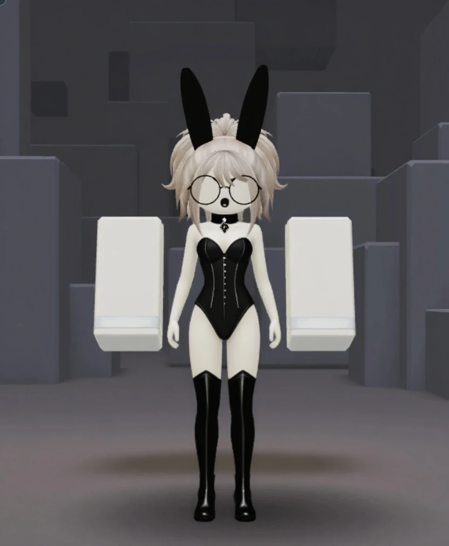 there is a woman in a cat suit taking a selfie, wearing cybernetic bunny ears, distorted pose, ( ( ( ( 3 d render ) ) ) ), with a mirror, artwork in the style of guweiz, white cat girl, inspired by Ray Caesar, 2b, 2 b, [ 4 k digital art ]!!, white fox ears