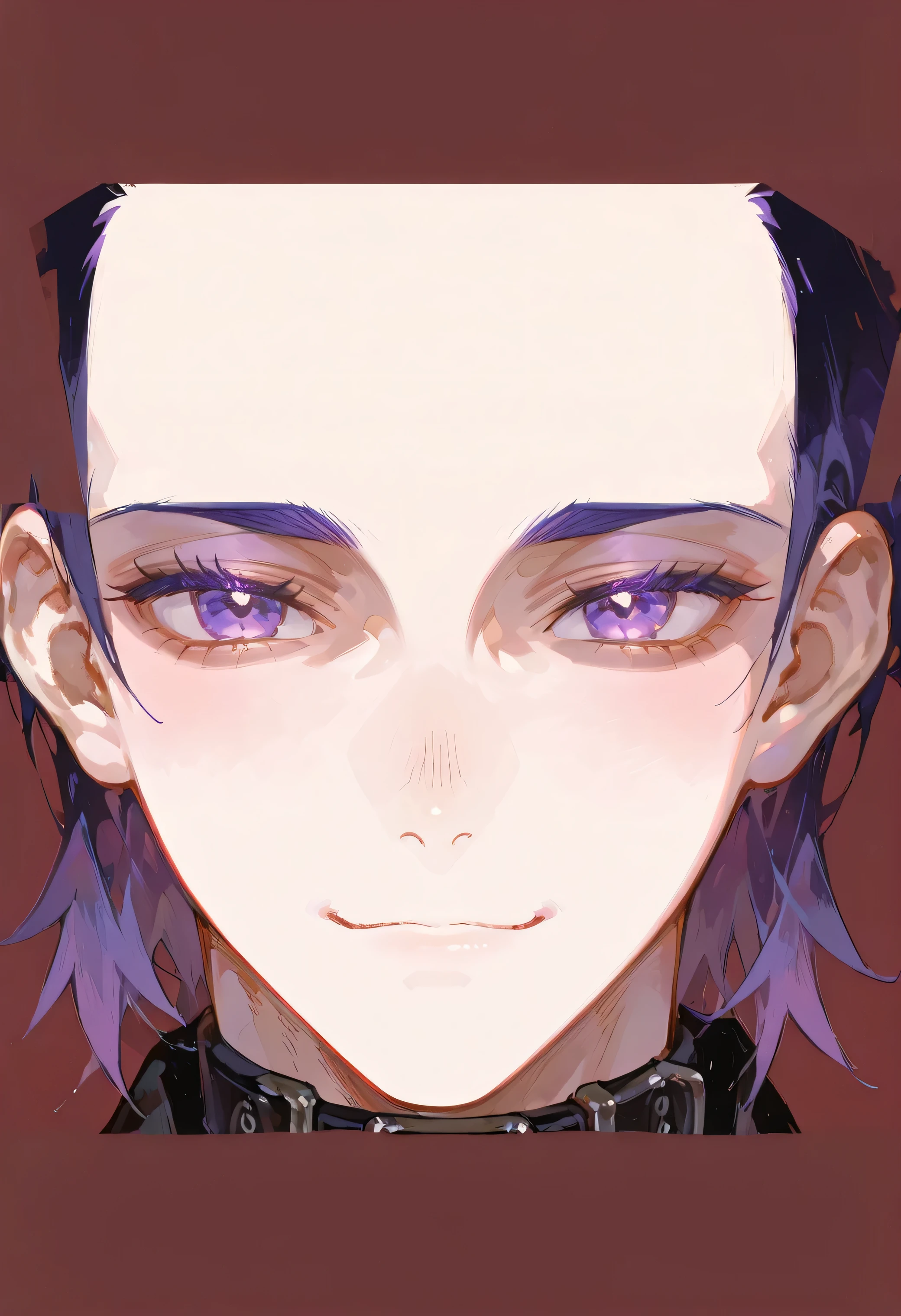masterpiece, best quality, official art, high quality anime style, anime - style image of a male with purple hair and a black collar, delicate androgynous prince, beautiful androgynous prince, detailed anime soft face, handsome guy in demon slayer art, detailed anime face, androgynous face, made with anime painter studio, smile, with vivid purple eyes