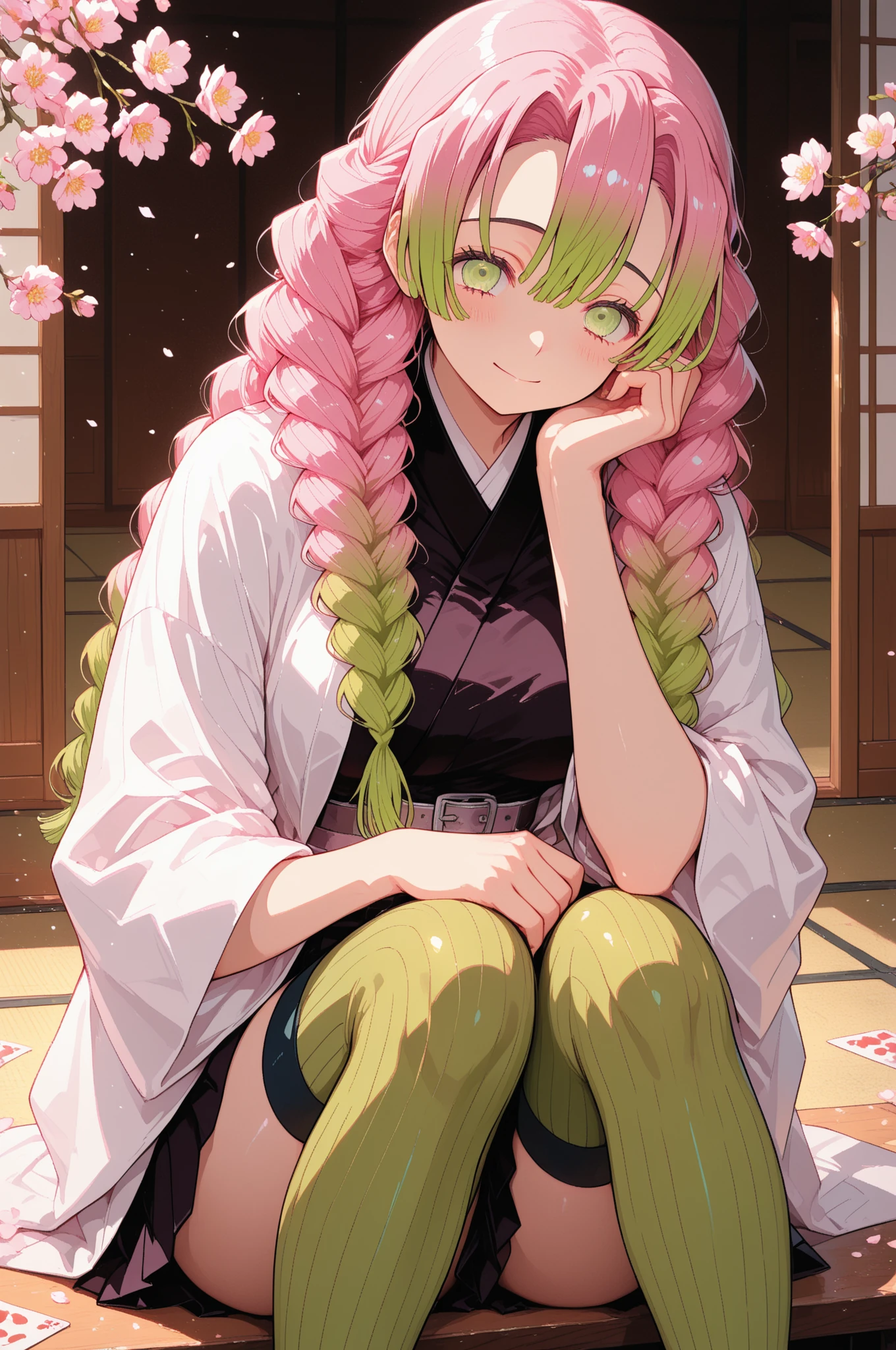 (extremely detailed fine touch:1.2), (natural light, sun light, light rays, dappled light, ray tracing:1.2), mature female , masterpiece, best quality, highly quality  , TsbkMyjm-KJ , single braid, hair over shoulder , skirt, black skirt, pleated skirt, belt, white belt, long sleeves, jacket, white jacket, thighhighs, green thighhighs, open clothes, zettai ryouiki, haori, demon slayer uniform, japanese clothes, cleavage,  (blush:1.2) , smile , indoors , house , cowboy shot , standing , kitchen , from behind , (from below:1.2) , (ass shot , big ass:1.2), mitsuri_dms, 1girl, solo, green eyes, mole, mole under eye, green hair, pink hair, ((black_special_pupil)),