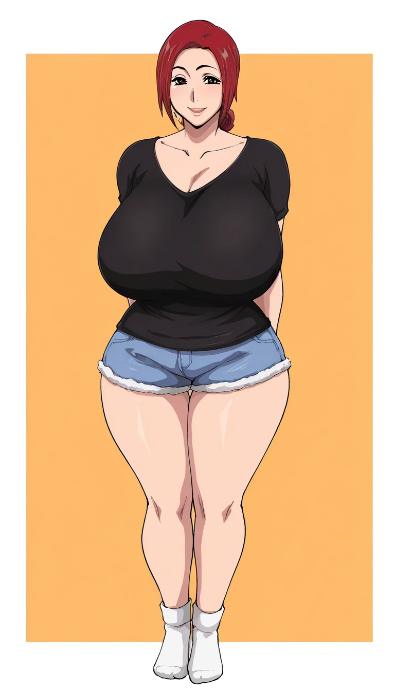 masterpiece, highest quality, High resolution, One Girl, alone, alone, short hair, etsukoto, fine grain, fine grain, (((Thick thighs, Plump thighs, Voluptuous thighs, Thighs are enough))), Big and ample breasts, Cleavage, Huge long breasts, Naughty big,((Big breasts are important))、((Naughty thighs)), L Cup, (thin:1.4),(Tight waist:1.4),  (Perfect beautiful yellow dress:1.4), ((white waist apron)), Embarrassed look, White panties, (((Simple Background))), ((Wide Hips)), Shiny, Oily skin, Mature mother, Calf, Seductive mature woman, Perfect body, Plus Size Model, etsukoto, blush, clavicle, retro artstyle, 1990s (style), (((slip legs, bare legs, showing legs))), full body, from berrow,