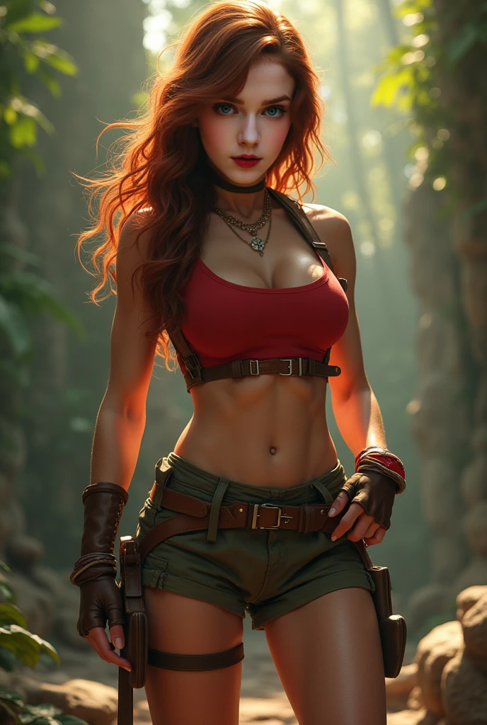 (masterpiece), best quality, expressive eyes, perfect face, front lighting, (deep jungle with waterfall background), (walking), (seductive look), (cleavage view), (1girl, Nami, 18 years old, orange hair, long hair, wavy hairstyle, brown eyes, hourglass figure, left shoulder tattoo, skinny body, thin body, petite_body, small breasts, wide hips, thick thighs), (torn clothes, ripped clothes, torn military-green tanktop, croptop, sleeveless, exposed cleavage, exposed underboobs, torn military-green shorts, cameltoe, military hip holster, hip belt with ammunition, single thigh belt, finger cut wrist gloves, military straps with ammunition, armlets),