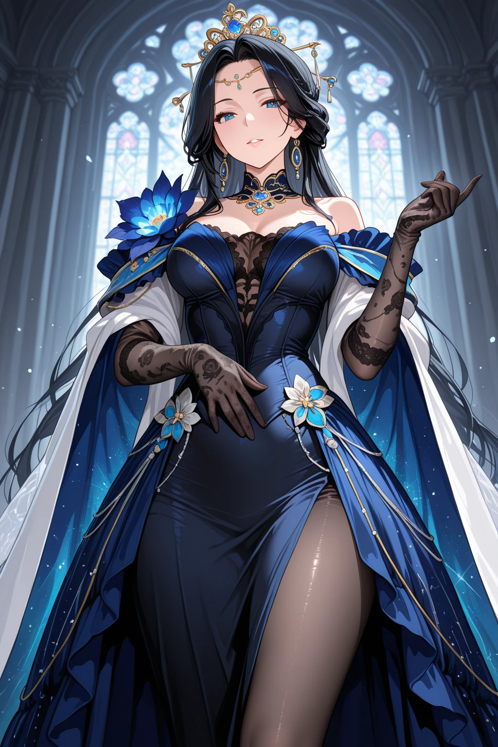((highest quality)), ((masterpiece)), (detailed), (Perfect Face)、The woman is Tifa and has long black hair.、A gorgeous black see-through dress with a long slit that lets you see through to the skin, a see-through cape with fur, a necklace with jewels, a tiara, earrings, a head dress-up chain, a waist chain, bracelets, ankle bracelets, etc.々She wears lavish jewelry and shiny black boots.
