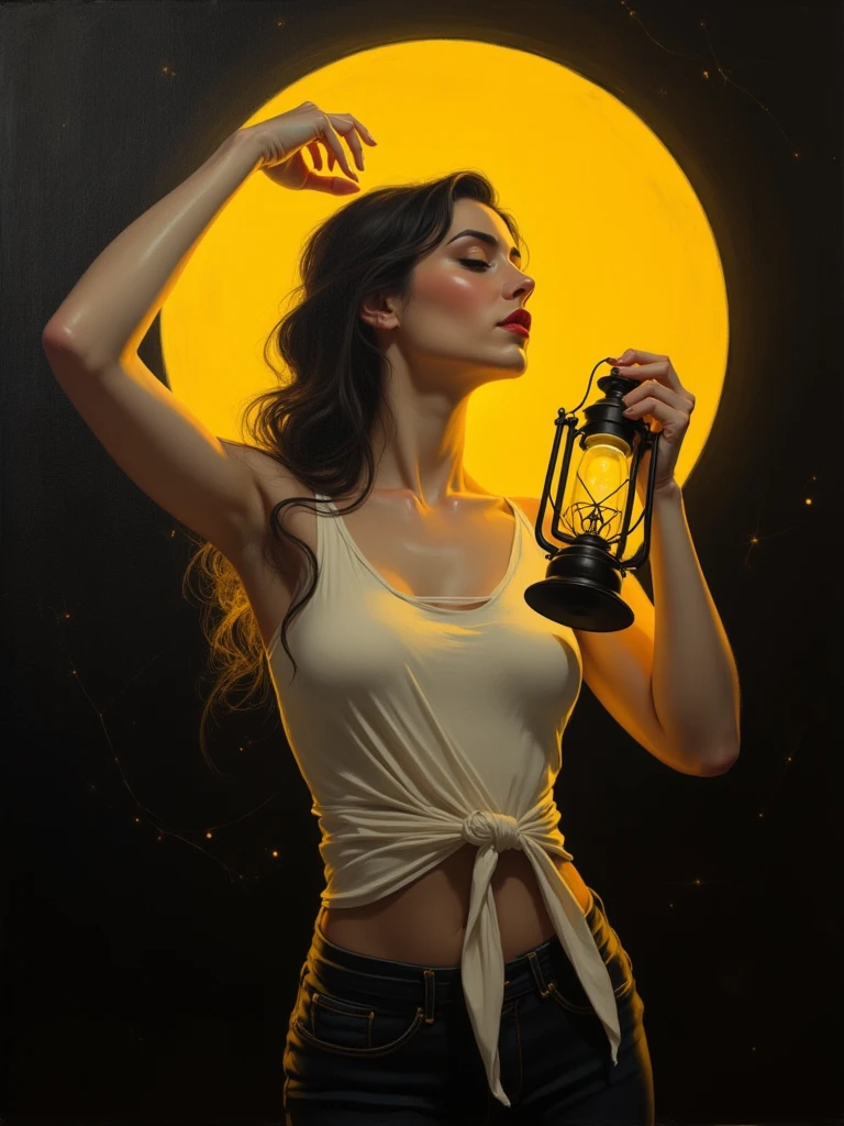 very sexy girl, long black hair, glasses,  and  white tank top, lifts her shirt, shows her breasts, small breasts,  look, beer, large window with views of the night, stars, moon, ( art inspired by Bill Sienkiewicz). oil painting)
