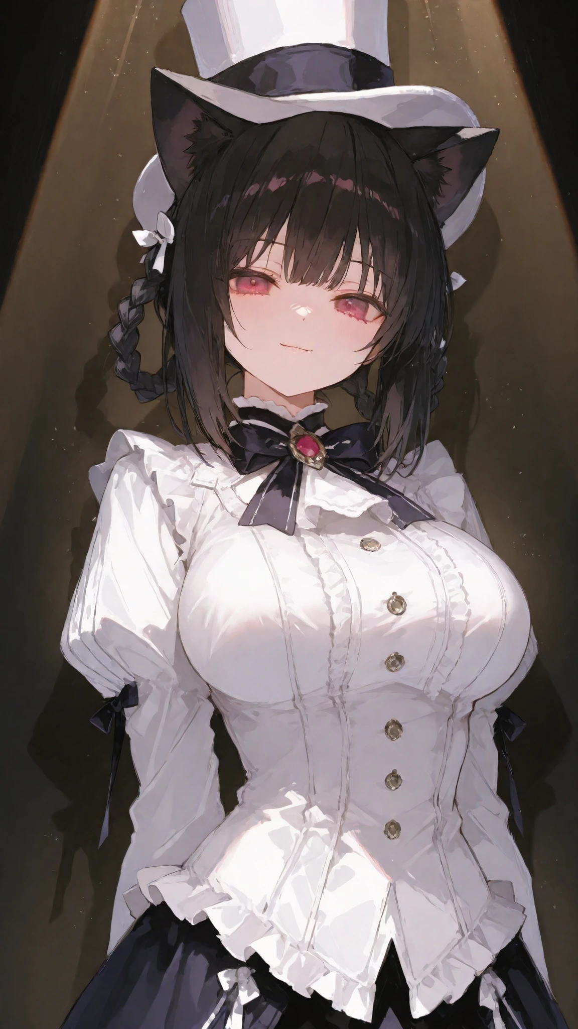 Cat Ear Girl, black hair,in light red eyes,long hair,Special white dress,big breasts,cute,smile,magician,are standing,Upper body center ,with a hat,Short hair braid,slim,Ribbon Set,long hair,,Spotlight ,Double Ponytail Braided Hair,Lolita Gothic Skirt, White Hat ,White special pants