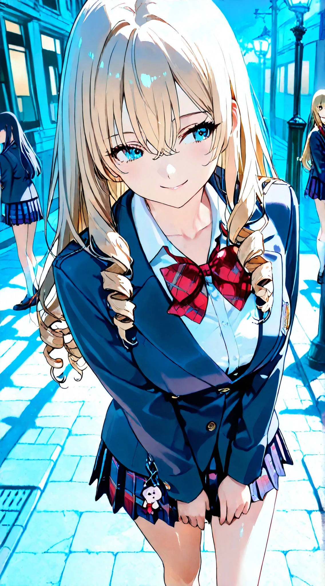 Beautiful Illustrations,viewers,girls, high school students, blonde hair, (Long Hair:1.8), (drill hair:1.7), Bang, hair between eyes, blue eyes,
beautiful hair, beautiful face, Beautiful Detailed Eyes, beautiful collarbone, beautiful body, beautiful breasts, beautiful thighs, Beautiful legs, beautiful fingers , 
(beautiful scenery), dawn,  lamp post , Sidewalk, 
((Navy Blazer, pleated miniskirt, socks, Private School Uniforms:1.2, Plaid Pleated Skirt, Red Plaid Bowtie)),, ((charm的な姿勢: 1.2, charm: 1.2)), (Idol),
(sexy, Upward glance, smile), shiny skin, 
perfect face, cute and symmetrical face, natural side lighting, Movie Lighting), 
walk,