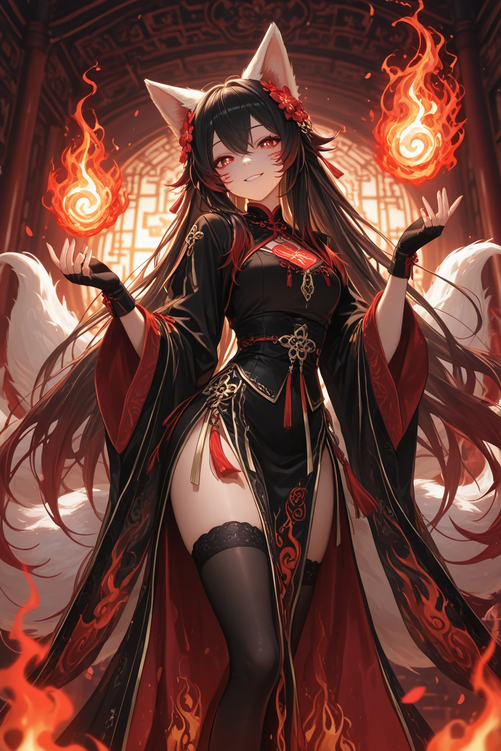 ((highest quality)), ((masterpiece)), (Get used to it), Perfect Face , beautiful girl , Medium ?????? , Long and beautiful black wavy hair with red highlights , Beautiful red eyes , 