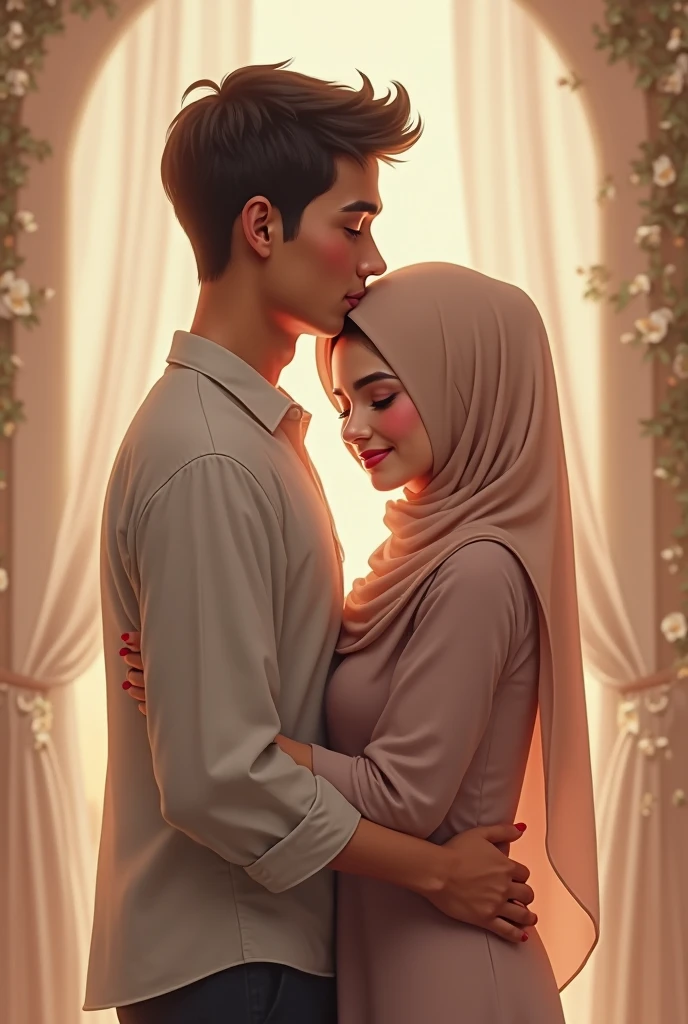 Indonesian teenage boy hugging a beautiful fat woman in a hijab