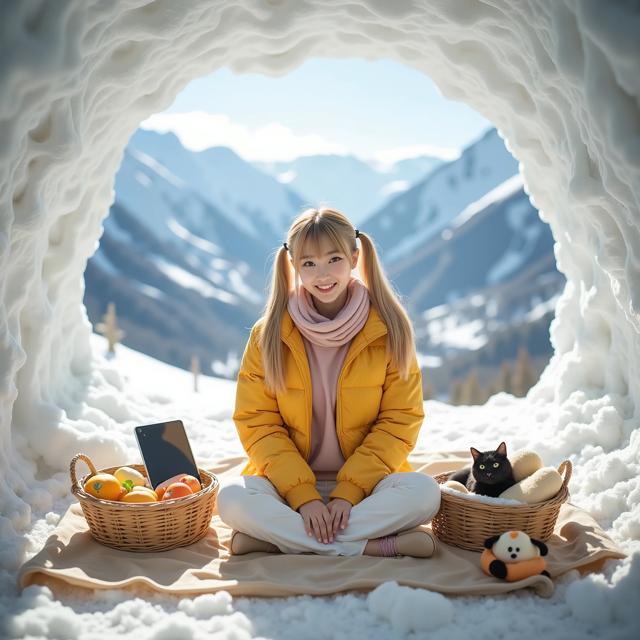 『1人の日本人のgirls:1.3』『raw photo:1.3』『real photos:1.3』Highest Quality:1.2、((big breasts))、A little bit of cleavage is visible、((young 20 year old woman ))、『showing her teeth and smiling:1.9』、(((anatomically correct、perfect anatomy、anatomically correct指)))、slender body,visible, Highest Quality, super high resolution, RAW photo, (constricted body)、full body,idol-like appearance and smile in a big hole in a snowy mountain real photo,super real,photorealistic,super real,photorealistic,Dramatic scene ,Global Illuminations, Black Cat (girls, straight bang twin tails in a big snowy mountain hole with medium waves blond hair, 2 hair accessories in twin tails, yellow down jacket hoodie, white down pants, and a pink scarf wrapped around their neck .), in a park surrounded by nature、Create a large snowy mountain, go inside , and、Spread out a vinyl sheet in a snowy mountain and relax inside. with 2 baskets full of food, A small iPad, and小さなマスコットキャラクターのキーホルダー.大きな雪の山の穴の go inside いる