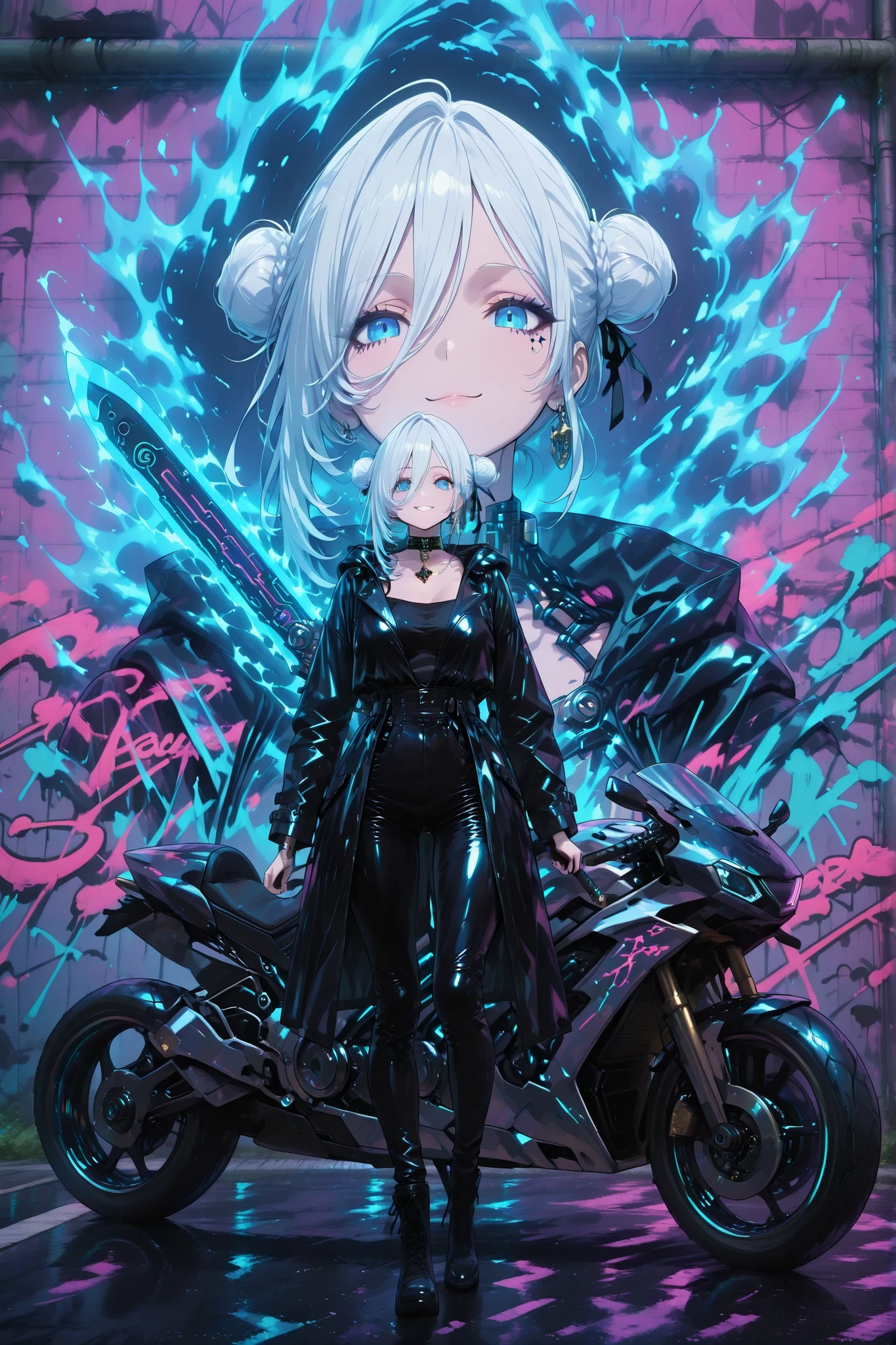 kanbn, White to blue hair, bright blue eyes, 1 girl, solo, cool black neon fashion, floor-length black raincoat with collar cyber metal inserts, high-quality details, cool pants black chrome, perfect anatomy, beautiful body, mini top dressed, sexy body shapes, Beauty , Charming, passionate, gorgeous, beautiful colors, rich colors, Park, Graffiti on the wall, in his hand holding a two-handed neon sword with waves, hair is braided to the top in a bun, aura of power, cool look, near Cyber motorcycle, Olfactory , looks stunning, (Best quality), high quality, complex parts, clearly, Anime style, high-quality details, detailed, ultra high resolution, epic, beautiful colors, (masterpiece), power image, is a beautiful smile, small makeup, jewelry, best anime drawing,