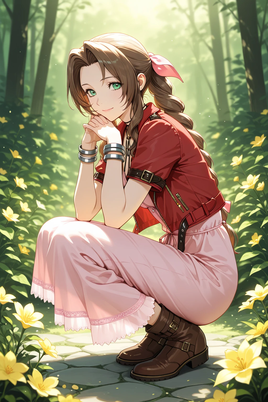 (masterpiece:2.0), solo, ((((aerith gainsborough, red cropped jacket, hair bow, bracelet, pink dress, brown boots)))), , from_side, cowboy shot, squatting with knees close together,flower , (finely detailed:1.7), (beautiful and clear background), ((outdoors, A beautiful garden bursting with flowers of various colors)) , (shiny_skin:1.3), nice hands, perfect hands, smile, , extremely and best quality, extremely and ultra detailed, beautiful detailed eyes, Very detailed CG unified 8k wallpaper, extremely detailed CG unity 8k wallpaper, extremely detailed CG unity 8k, extremely delicate and beautiful girl, ultra-detailed, (perfect ), (high detail), (high quality), (high resolution), (beautiful detailed face), (ultra detaild background), beautiful and clear background,aerith gainsborough