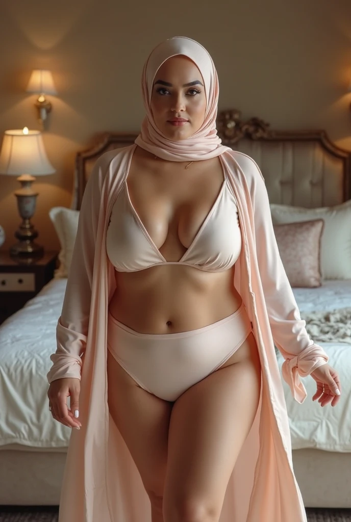 (aesthetic)A beautiful plus-sized woman in a hijab coloring sitting on an oriental sofa,(best quality,highres,ultra-detailed:1.2) 