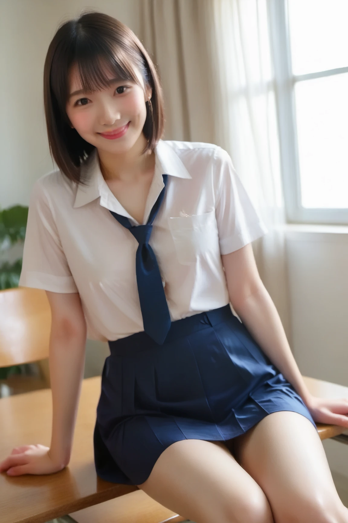 (masterpiece:1.3, highest quality), (realistic, photorealistic:1.4), perfect lighting, perfect anatomy, looking at the viewer, full body, Front view:0.6, 1 girl, alone, Japanese, high school girl, Improve, big breasts, big ass, seductive thighs, skin dents,
(short hair), asymmetrical bangs, brown eyes, parted lips, (very tanned and shiny skin), smile,
beautiful hair, beautiful face, highly detailed face, detailed and beautiful eyes, beautiful clavicle, beautiful body, beautiful breasts, beautiful thighs, beautiful feet, beautiful fingers, ((collared short sleeve shirt, white shirt, school uniform, pink plaid pleated skirt, black tie)), white panties, polka dot hair scrunchie,
( sexy pose), (enchanting smile), evening,Sit in the classroom,gal,(brown skin:1.5),(view from below),