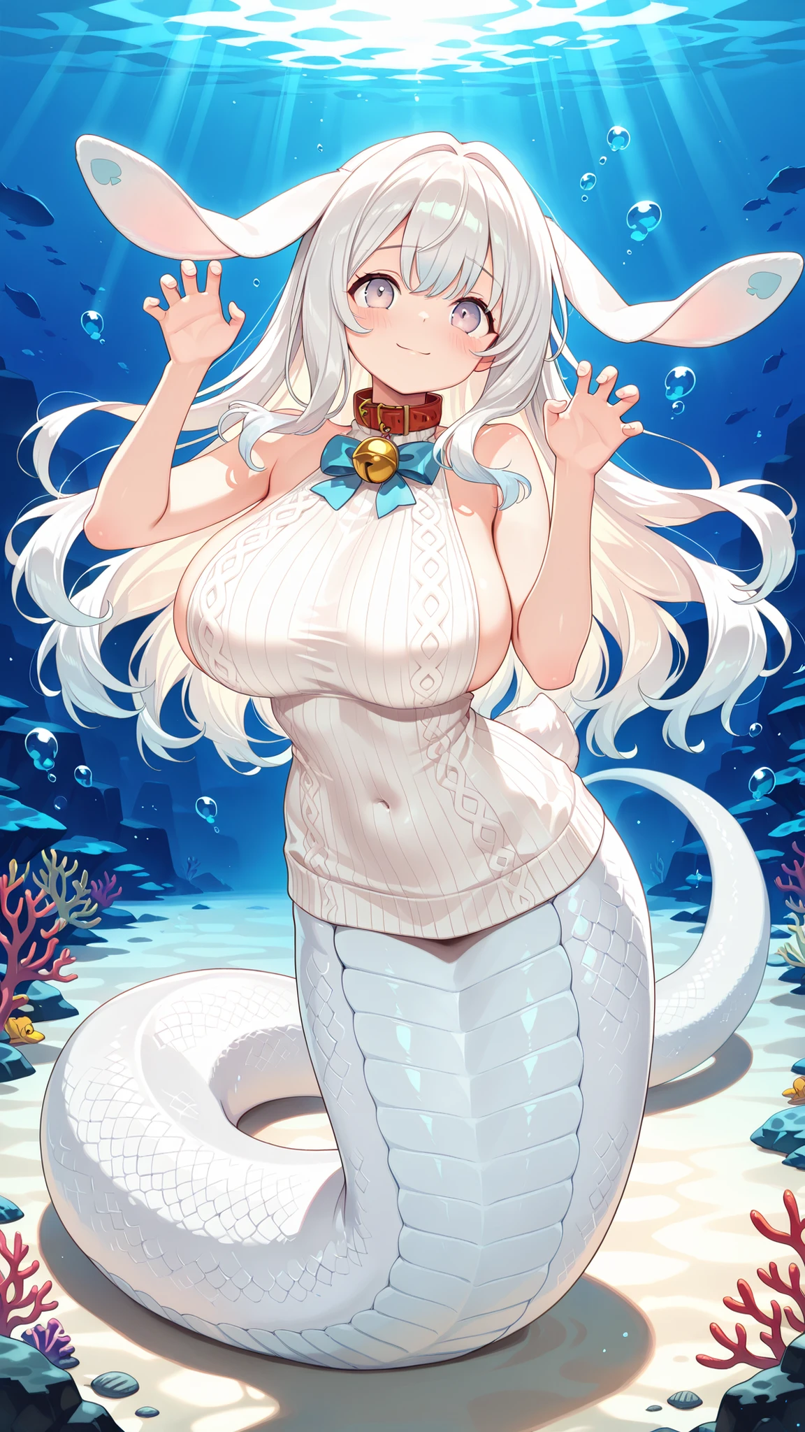 1 female, big boobs, Malicious Chess March Rabbit, blush,White hair,white sleeveless sweater,Paw pose,Spherical bell red collar,(Underwater:1.2),seabed,full body photo,Rabbit ears,masterpiece,Up to,HD,very beautiful,cute,absurd,(Complete five fingers ),beautiful woman,White snake tail ,Beautiful woman,lamia,The lower part of the body is a white snake tail,Smile,Shy,Legs