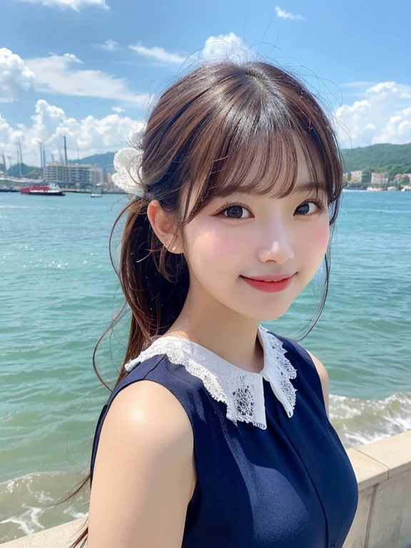 (masterpiece:1.3), high resolution, ultra detailed, extremely detailed CG unity 8k wallpaper, realistic, photo-realistic, RAW photo, beautiful detailed face, pale skin, realistic glistening skin, detailed cloth texture, detailed hair texture, Perfect body, Beautiful Face, accurate, Anatomically correct, Highly detailed face and skin texture, natural neck length, (beautiful hands), (fair skin:1.1), (well-aligned teeth:1.1), (Sweaty skin:1.2), 
BREAK, 
Detailed eyes, symmetric eyes, Light Brown eyes, Double eyelids, Thin eyebrows, (Glossy lips:1.4), ((A face with waiting for a kiss:1.2)), (blush:1.1), (A sparkling small hair accessory:1.1), (beautiful smile:1.1)
BREAK, 
(A classy and Cute girl:1.3), (, , :1.4), 
BREAK, 
medium large breasts, slender figure, firm abs, 
((ponytail, Dark blonde hair, wavy hair, long hair, asymmetric bangs:1.2)),   (looking at viewer), (cowboy shot:1.3), From above, 
BREAK, 
((Standing by window)), (((A view of ocean outside the window at noon:1.3))),