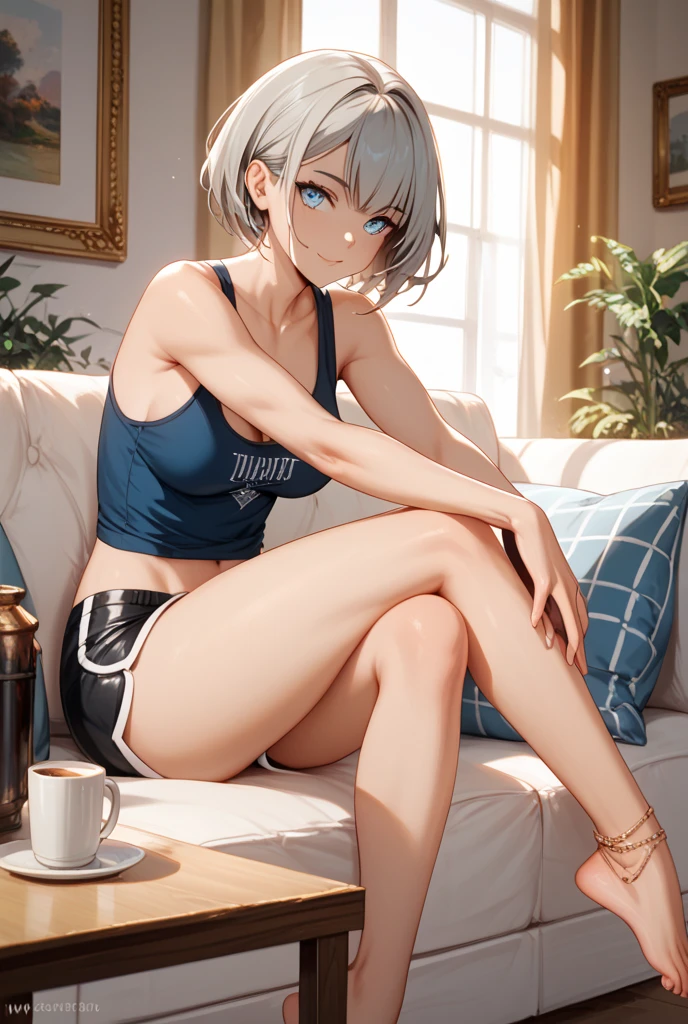 ((masterpiece)), ((best quality)), (ultra-detailed), ((extremely detailed)), 4K, (8K), best quality, a beautiful woman, (( gray hair)), ((curly bob cut)), light blue eyes, detailed skin, freckled skin, 20 years old, ((wavy hair)), ((hair over one ear)), ((Forehead))
((black tube top)), navel out, tight stomach, D cup, one hand up, lying on couch, upper body, damaged denim, green cushion under head, lit by warm light, happiness, smile,