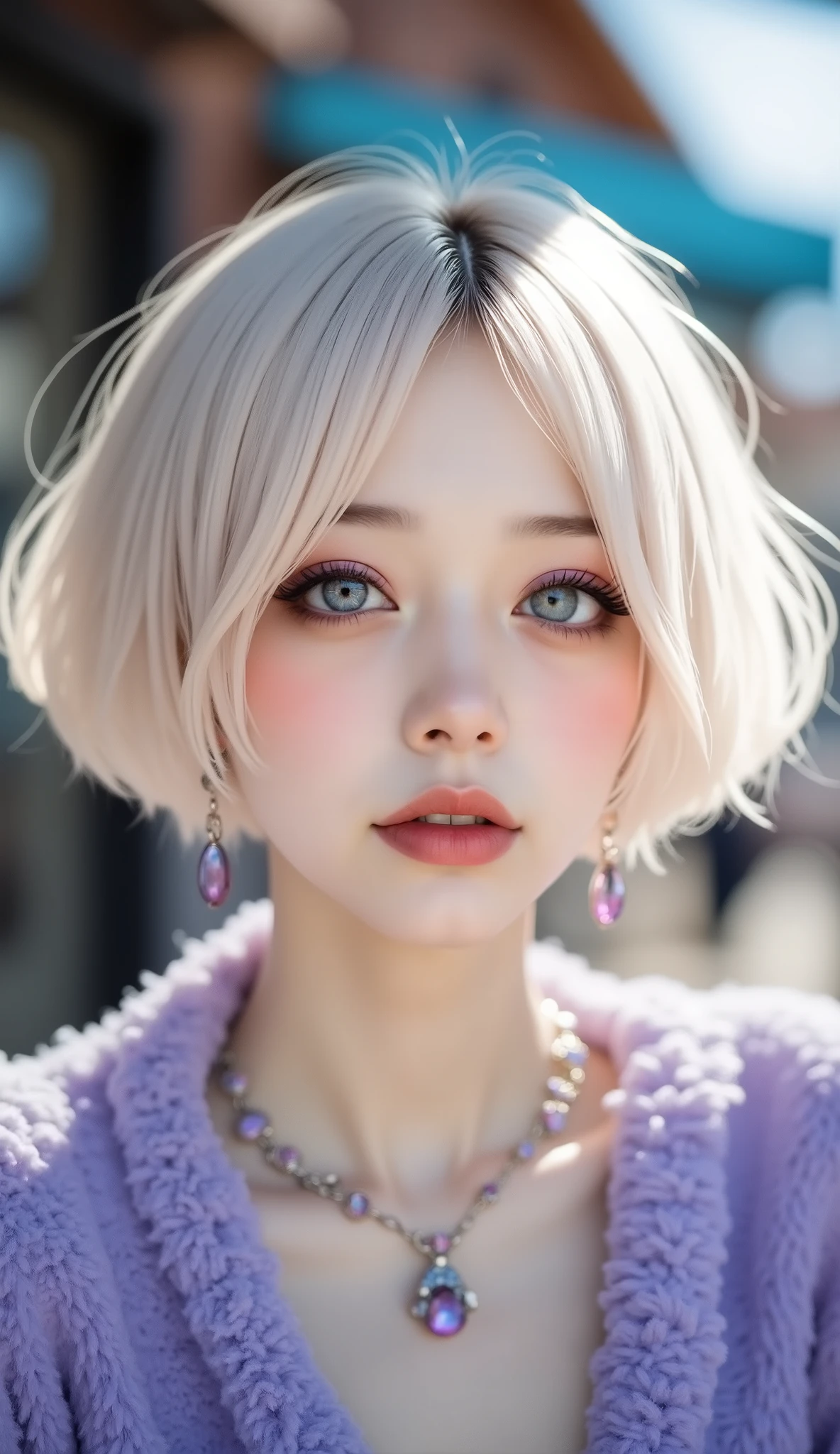 8k, masterpiece, Highest Quality, Beautiful Korean Woman, low angle, white hair, fringe , Rainbow, purple, Blue, eyeshadow, sparkle, sparkling, pink-purple lips, sparkle, Glamorous Jewelry, chandelier earrings that star in Rawhide, necklace, pearlescent, purple, Blue, white, blurry, Sunny, Outdoors, vibrant. cafe