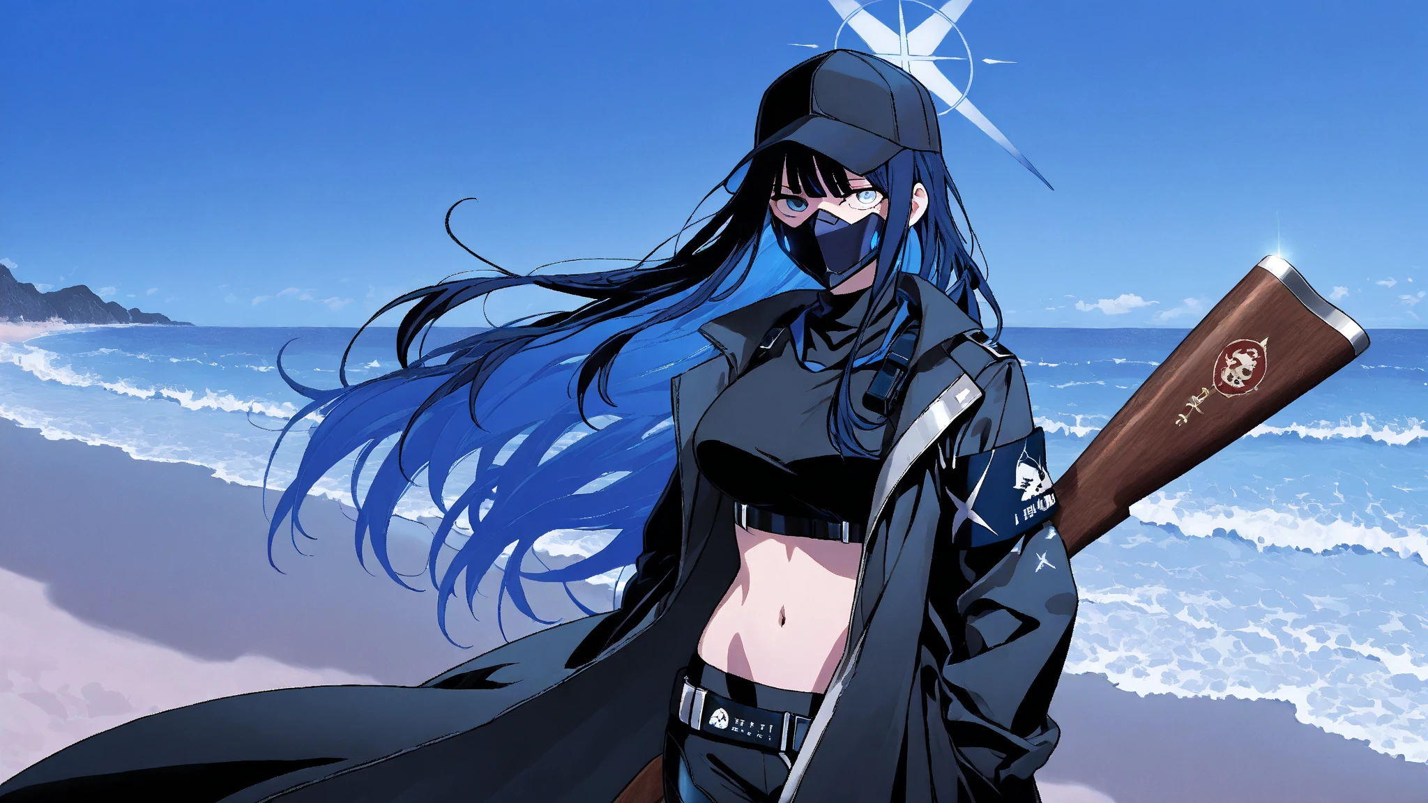 Teenage girl, slim body, model, long blue hair, 170 centimeter height, palm cockatoo bird, parrot, crop top innerwear, long coat outwear, fashion, photography, nature background, detail, magazine style, unique angle